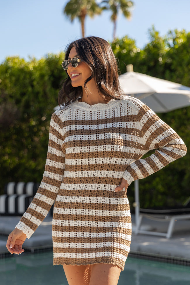 Mai Tai Memories Mocha and Ivory Striped Knit Dress - Women's Casual Summer Beach Dress for Vacation, Party & Date Night