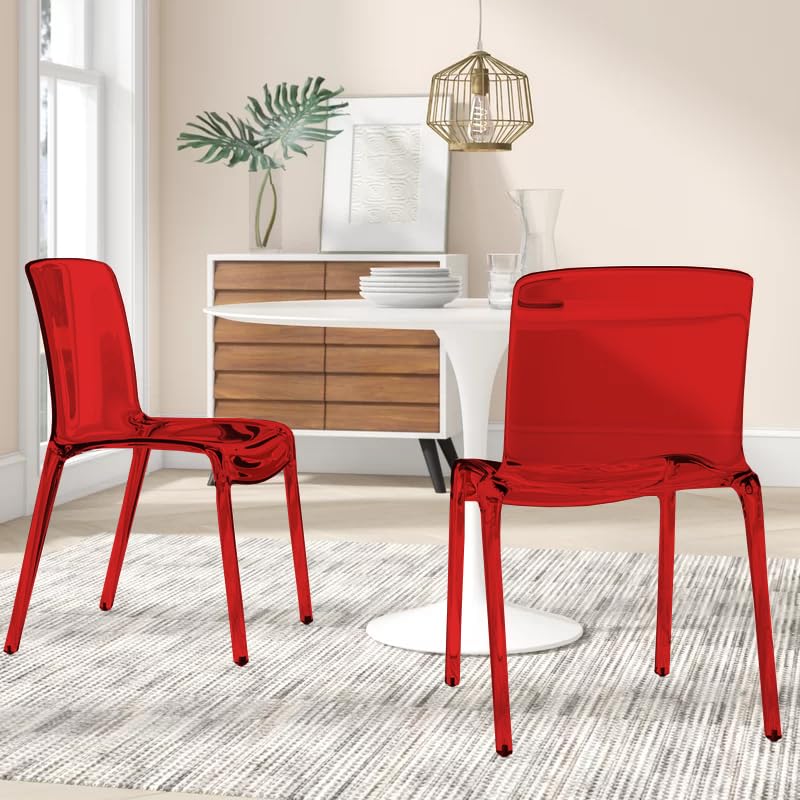 LeisureMod Adler Mid-Century Modern Dining Chair Set of 2 - Transparent Red Acrylic Contemporary Design for Kitchen, Dining Room & Home Decor | Perfect for Modern Interior, Restaurant Style Seating & Entertaining Guests