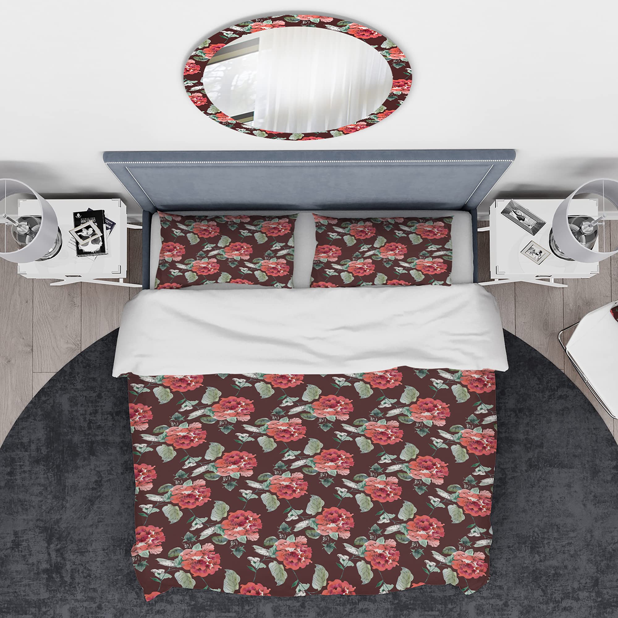 DesignQ Red Rose Floral Duvet Cover Set King Size - 3 Piece Nautical Coastal Bedding with Brown Background | Soft Pink All-Season Comforter Cover | Perfect for Beach House, Master Bedroom & Guest Room Decor