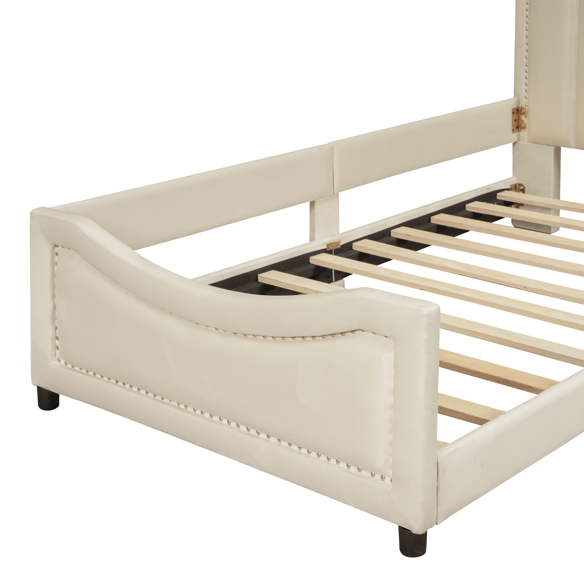 Harper & Bright Designs Velvet Upholstered Twin Daybed Frame for Kids - Classic Stripe Headboard, Sturdy Wood Construction, Beige | Perfect for Children's Bedroom, Guest Room, or Playroom Decor