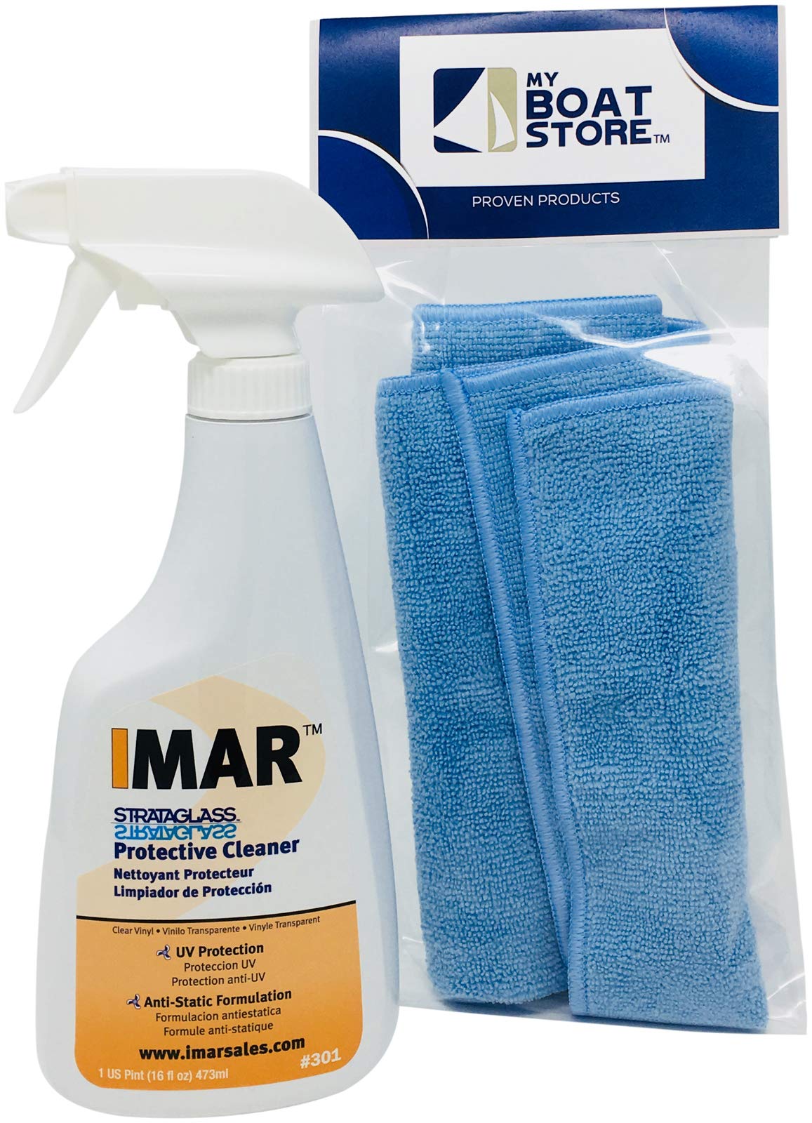 Imar 301 Strataglass Cleaner & Microfiber Detailing Cloth Bundle (2-Piece Set) - Perfect for Boat Windows, Motorcycle Windshields & RV Glass Cleaning