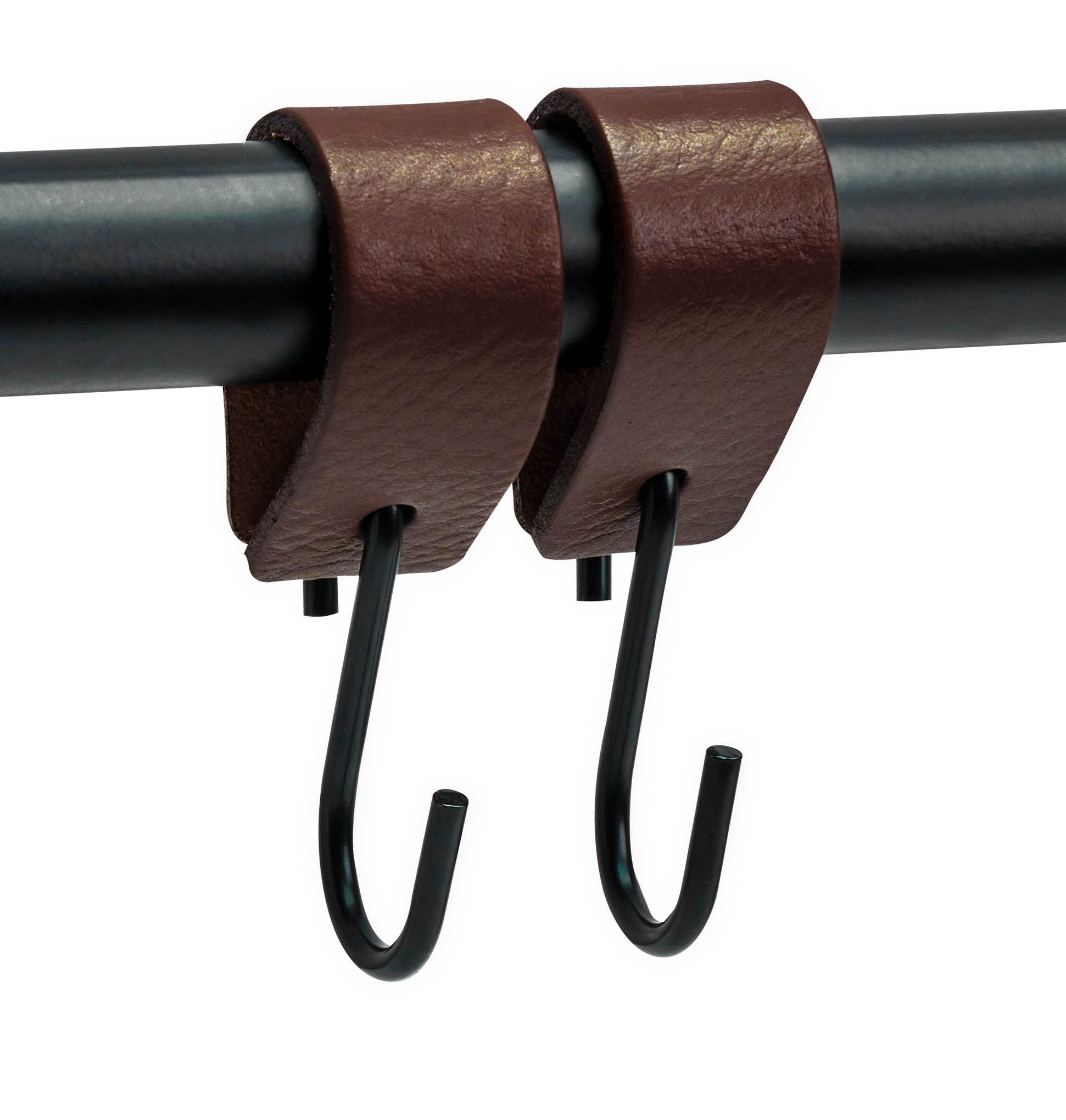 Brute Strength - Heavy Duty Leather S-Hooks for Hanging Coats, Bags & Kitchen Utensils - 2 Pack Brown Leather Hooks - Rustic Home & Office Decor - Perfect for Closet, Entryway & Pantry Organization