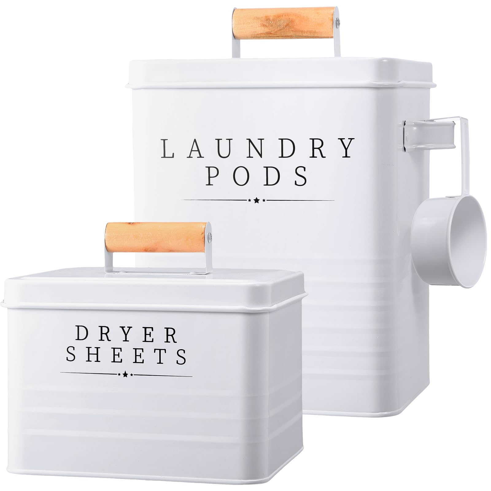 2-Pack White Metal Laundry Pod Container with Dryer Sheet Holder - Farmhouse Style Laundry Room Organizer, Detergent Storage Box with Lid & Handle - Perfect for Laundry Room Decor & Clothes Drying Organization