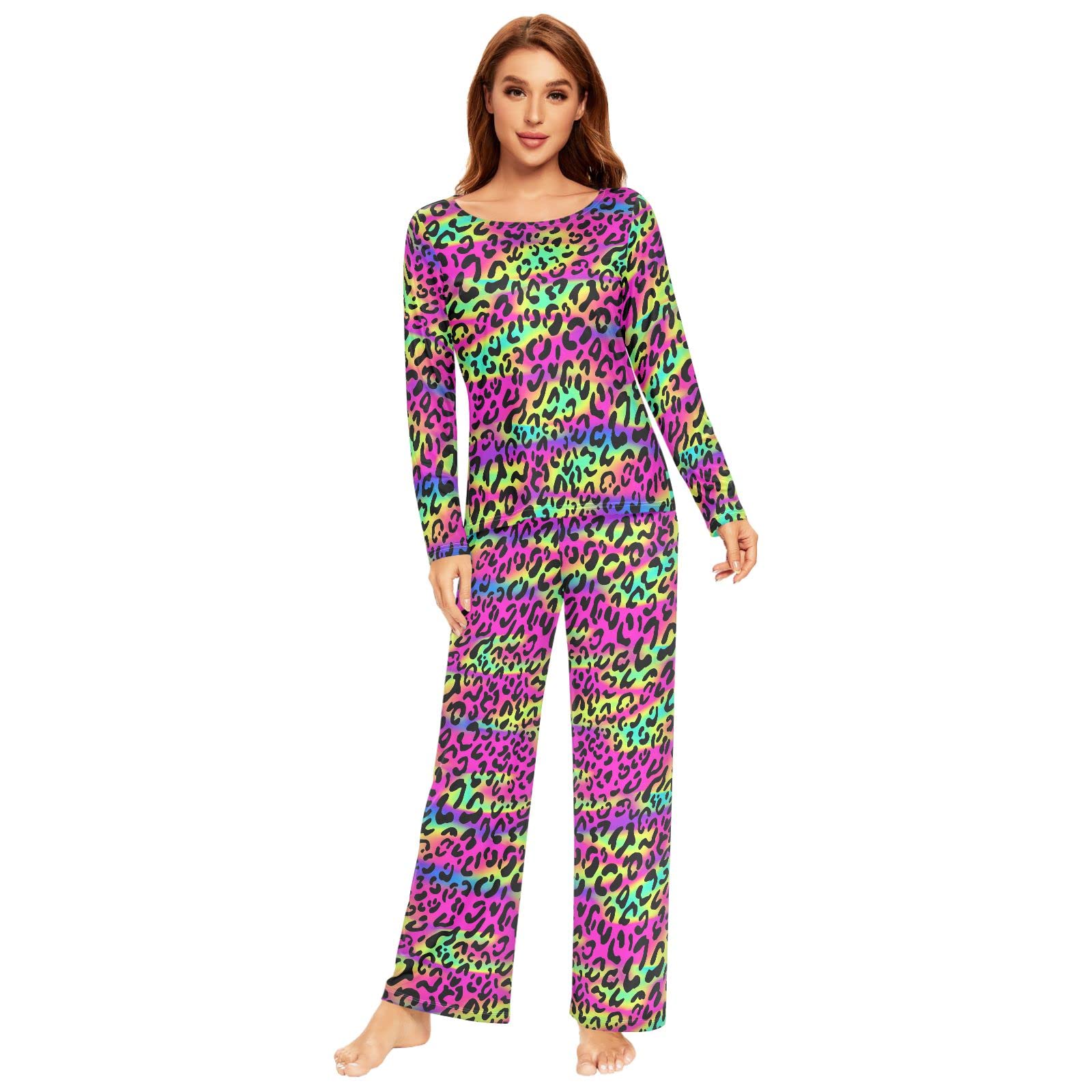 KFBE Women's Leopard Print Pajama Set - Long Sleeve Sleepwear Top & Pants Lounge Outfit for Comfortable Sleep and Relaxation at Home | Soft Cotton Nightwear for Women | Perfect for Lounging, Bedtime & Cozy Evenings