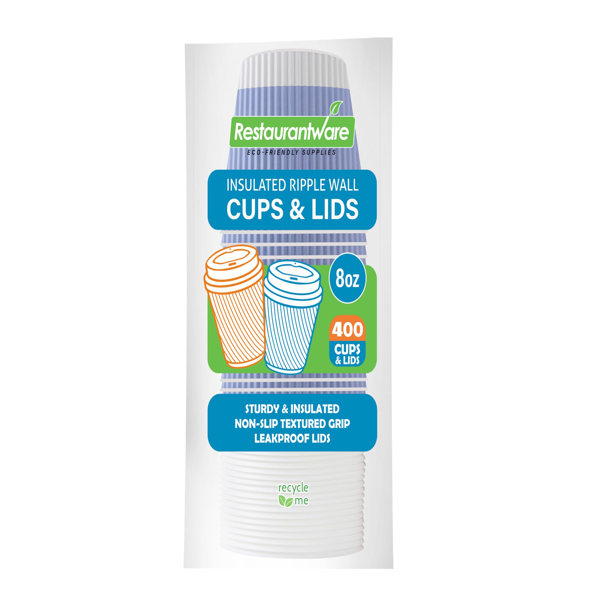Restaurantware 8oz Insulated Coffee Cups with Lids - 400 Pack Leakproof Ripple Wall Hot Cups | Eco-Friendly Disposable Paper Cups for Coffee, Tea, Hot Chocolate & Lattes | Perfect for Cafes, Offices & Home Use