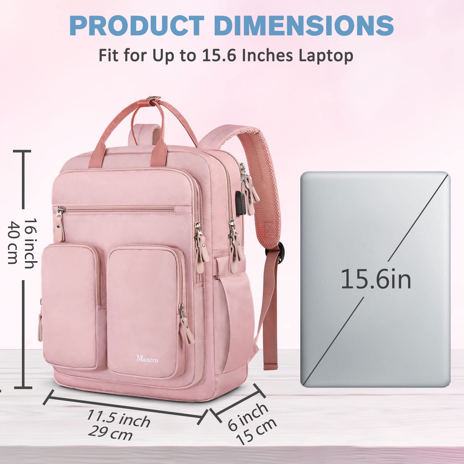 Mancro Slim Anti-Theft Laptop Backpack for Business & Travel - Water Resistant USB Charging Backpack Fits 15.6 Inch Laptop & Tablet - Perfect for Commuting, Work, School & Airplane Carry-On