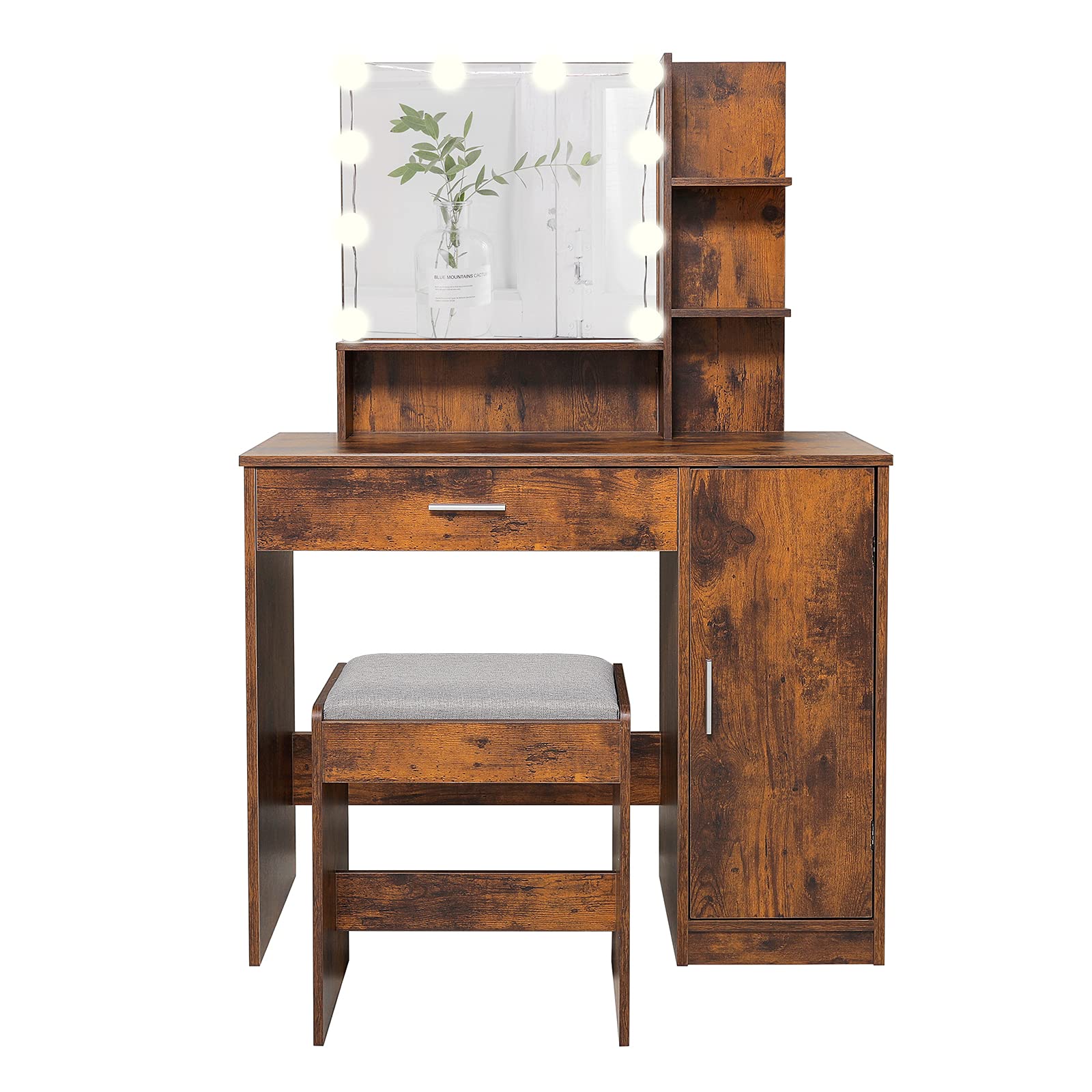 Vintage Brown Vanity Desk Set with Mirror & 10 Lights - Makeup Dressing Table with 1 Drawer & 1 Cabinet - Perfect for Bedroom, Bridal, Mother's Day Gift & Beauty Organization