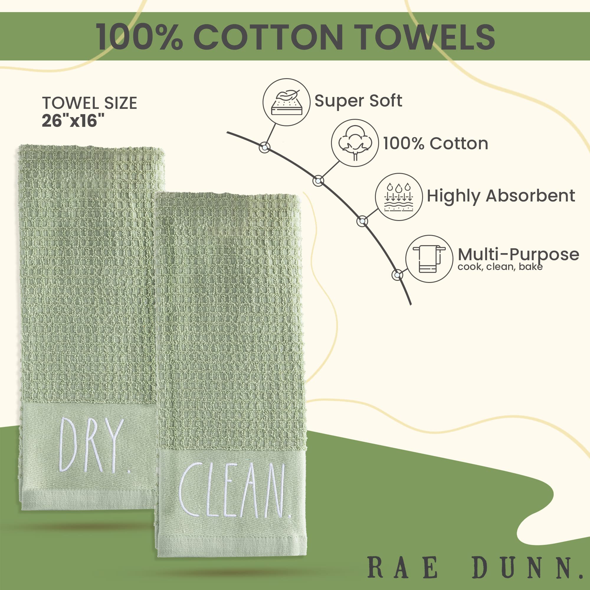 Rae Dunn 2-Pack 100% Cotton Embroidered Hand Towels for Kitchen & Bathroom - Sage Green Decorative Dish Towels | Perfect for Drying Dishes, Bathroom Decor & Farmhouse Style Homes