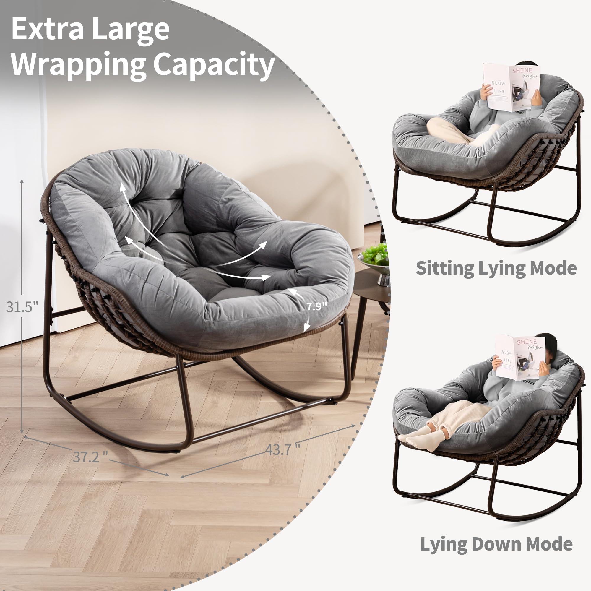 **Oversized Outdoor Papasan Rocking Chair - Comfy Patio Egg Chair with Cushion, Royal Rattan Design for Porch, Lawn, Bedroom & Living Room - Grey Velvet (Perfect for Relaxing, Reading & Sunbathing)**