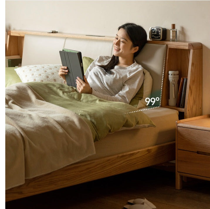 Solid Oak Wood Leather & Fabric Luminous Bed with Shelf - Modern Platform Bed Frame with Storage for Bedroom, Guest Room, or Dorm