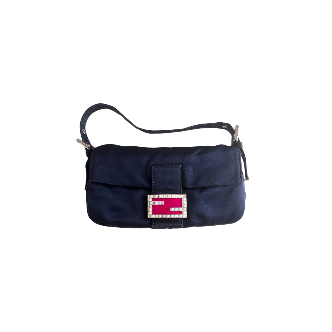 Vintage Fendi Navy Blue Satin Baguette Handbag - Luxury Designer Crossbody Purse for Women, Perfect for Evening Parties & Special Occasions