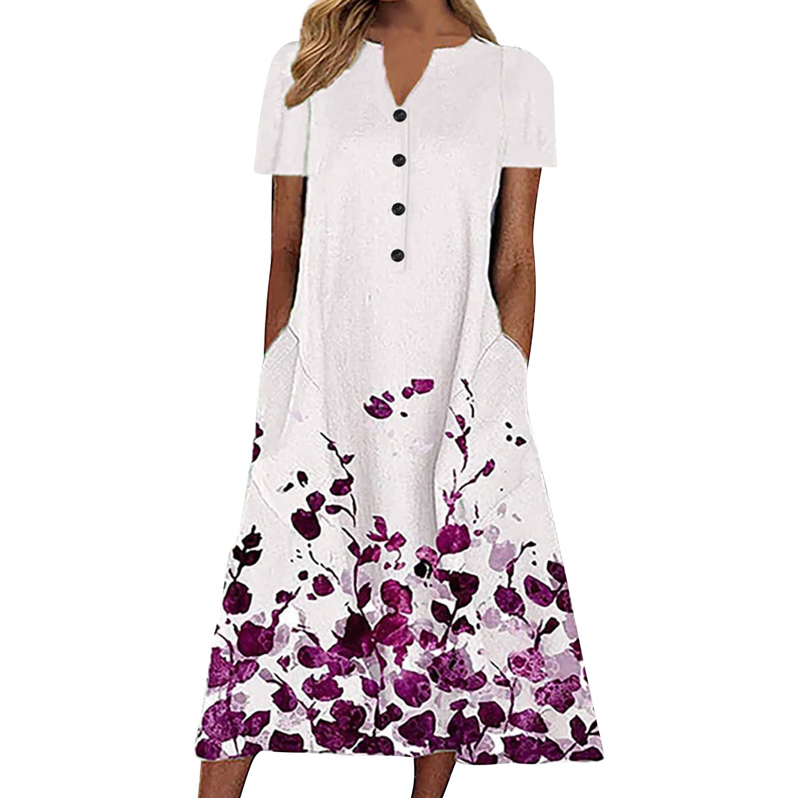 Women's Casual Summer Stripe Button-Down V-Neck Short Sleeve Pocket Sundress - Floral Print Midi Dress for Beach Vacation, Holiday Party & Everyday Wear