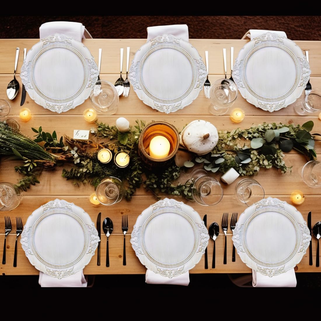 Antique White 13 Inch Embossed Plastic Charger Plates - Elegant Dinner Plate Chargers for Weddings, Parties & Formal Dining (Set of 6) | Perfect for Table Settings, Buffet Displays & Special Occasions