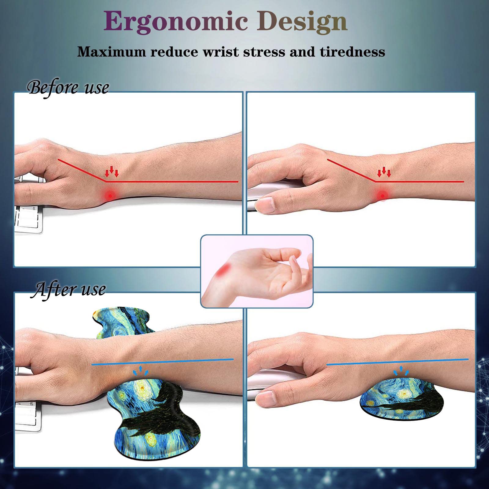 Premium Mouse Pad Set (31.5×11.8 in) - Extra Large Desk Mat with Keyboard Wrist Rest, Mouse Wrist Support & Coaster - Ergonomic Office & Home Computer Accessories for Laptop & PC Workstations - Starry Night Design