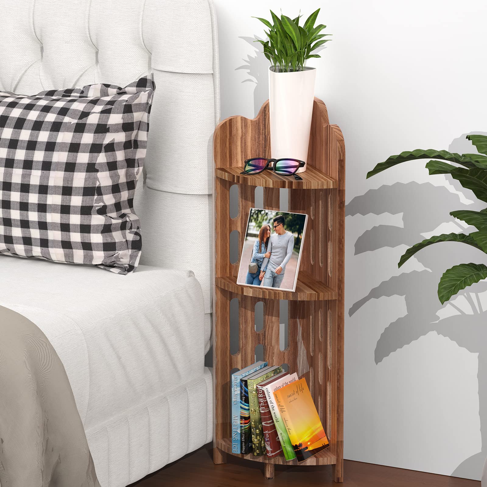 3-Tier Pine Wood Bathroom Corner Shelf - Space-Saving Shower Organizer, Plant Stand & Nightstand for Living Room, Bedroom & Home Office - Elegant Narrow Space Solution for Bath Essentials, Decor & Storage