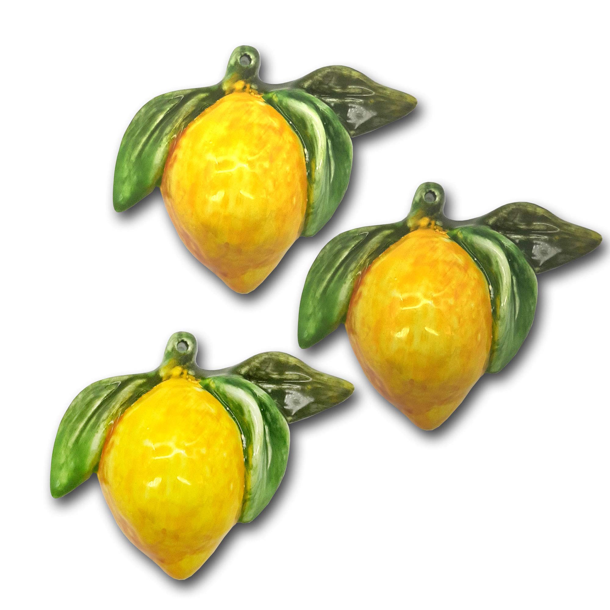 Hand Painted Italian Ceramic Lemon Decor Set of 3 - Lifelike Artificial Fruit Kitchen Wall Decor - Italian Pottery Home Decor for Kitchen, Dining Room & Farmhouse Style - Perfect for Wall Art, Table Centerpiece & Gift Giving