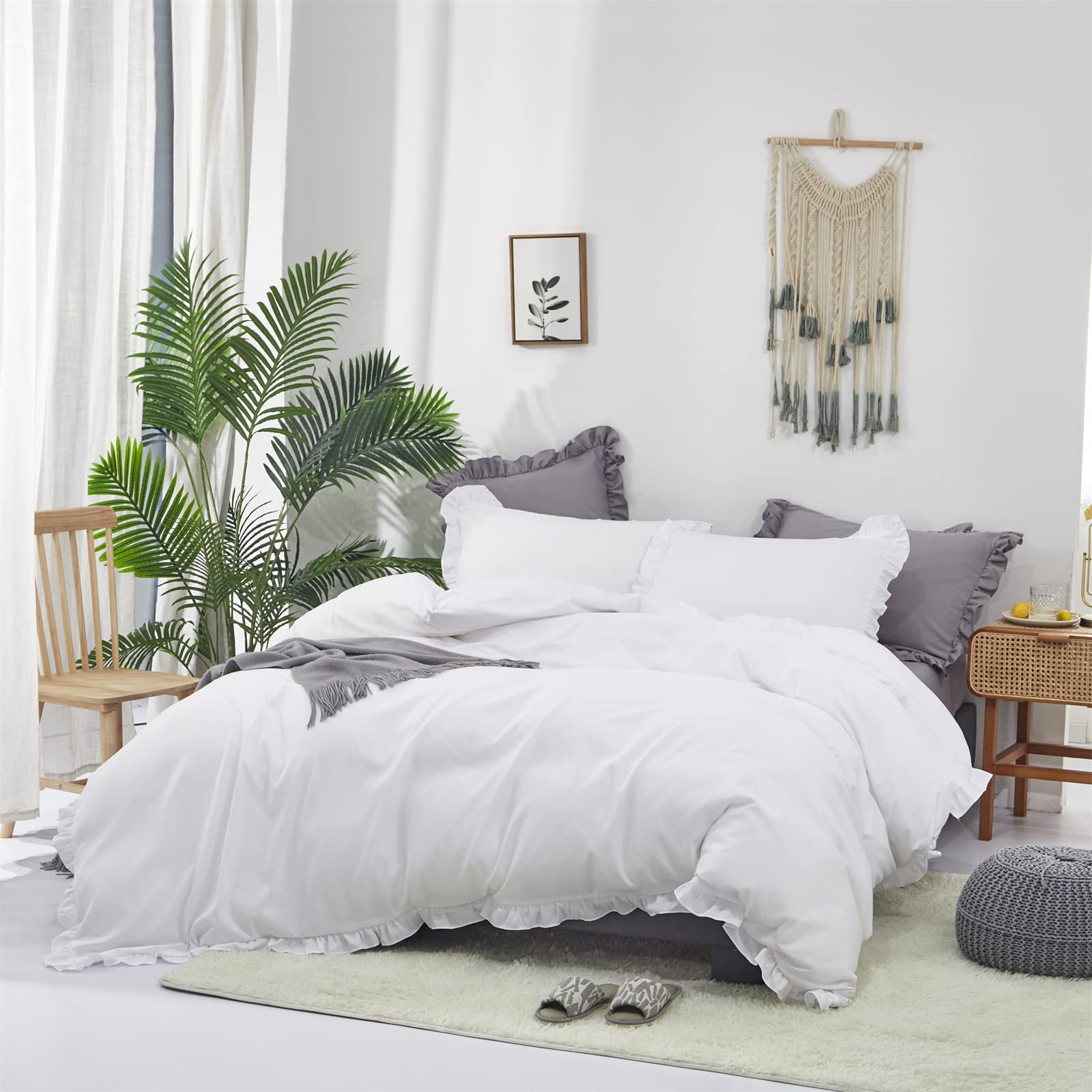 King Cotton Comforter Set - White Ruffled Boho Bedding for Farmhouse Style