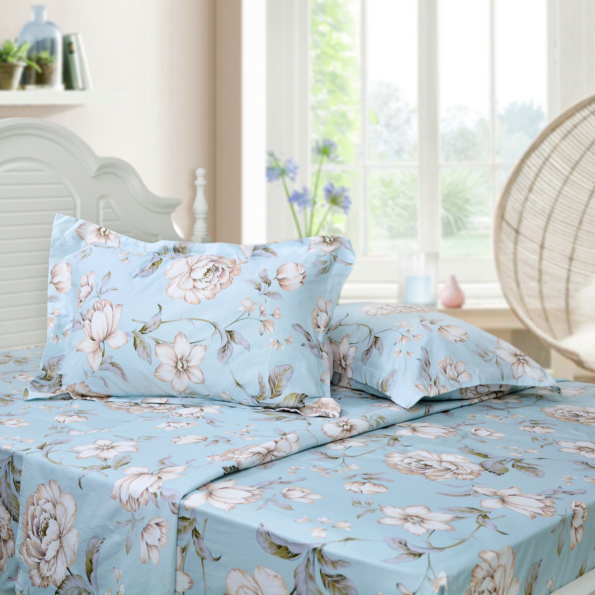 FADFAY Shabby Floral Bed Sheet Set California King - 100% Cotton Farmhouse Style Bedding Set (4 Piece: Flat Sheet, Fitted Sheet & 2 Pillowcases) for Cozy Bedroom Decor & Guest Room Upgrade