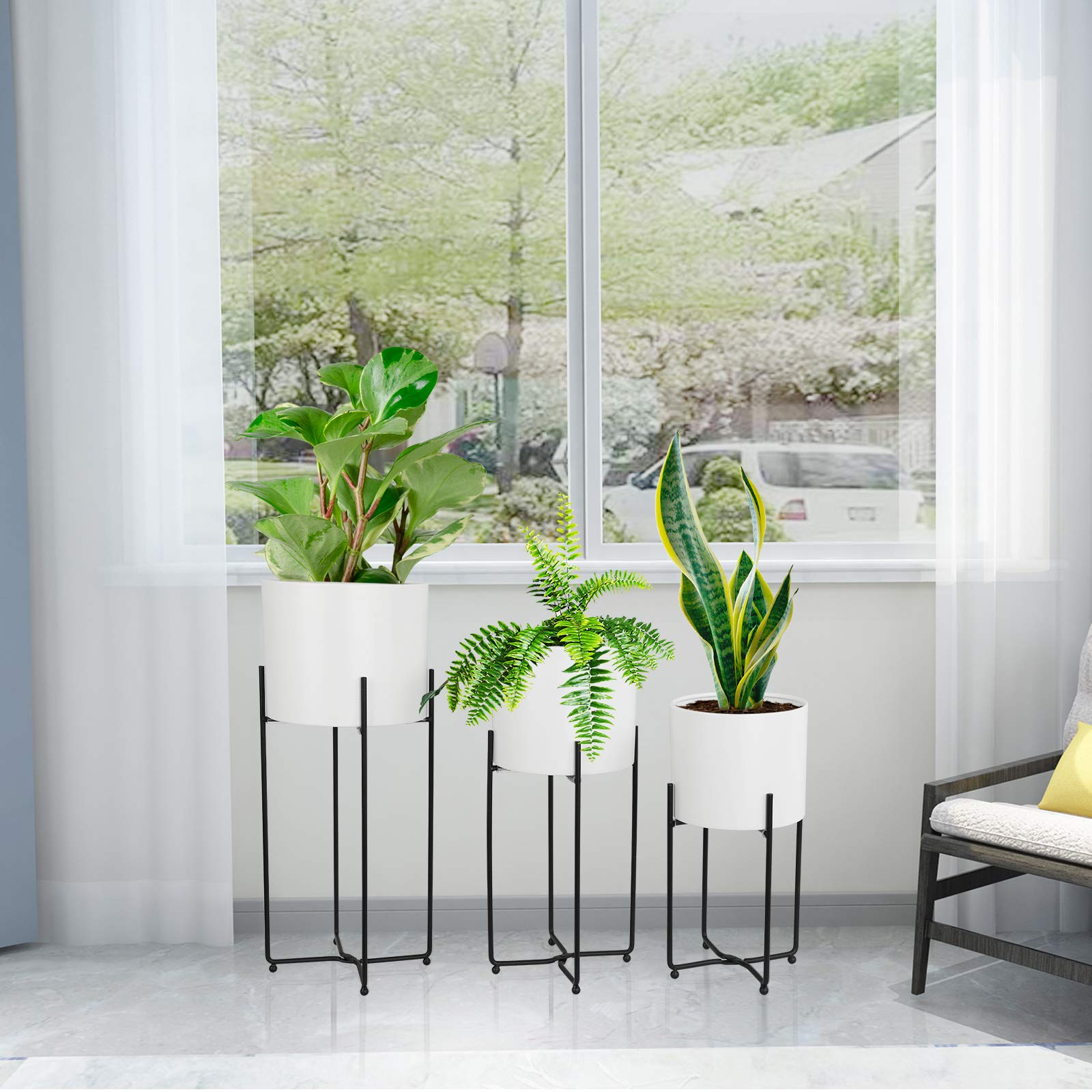 **Sinolodo Mid Century Modern Planters Set - 3-Piece Metal Floor Planter with Gold Foldable Stand for Indoor Plants (White Pot, Black Stand, 9''+8''+7'') - Perfect for Living Room, Office & Home Decor**