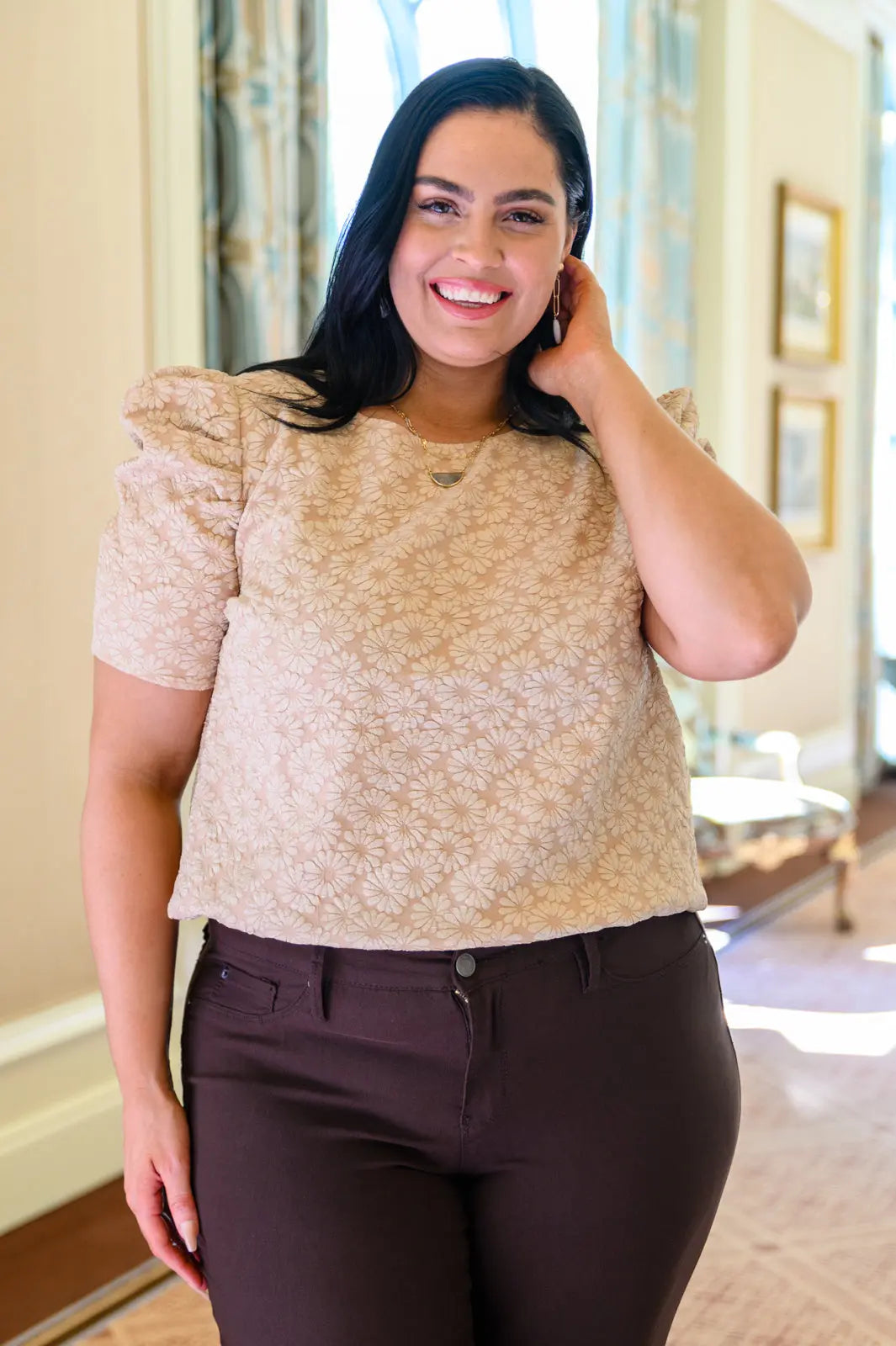Kelsi Jacquard Puff Sleeve Blouse in Tan | Elegant Women's Fashion Top for Work, Date Night & Special Occasions