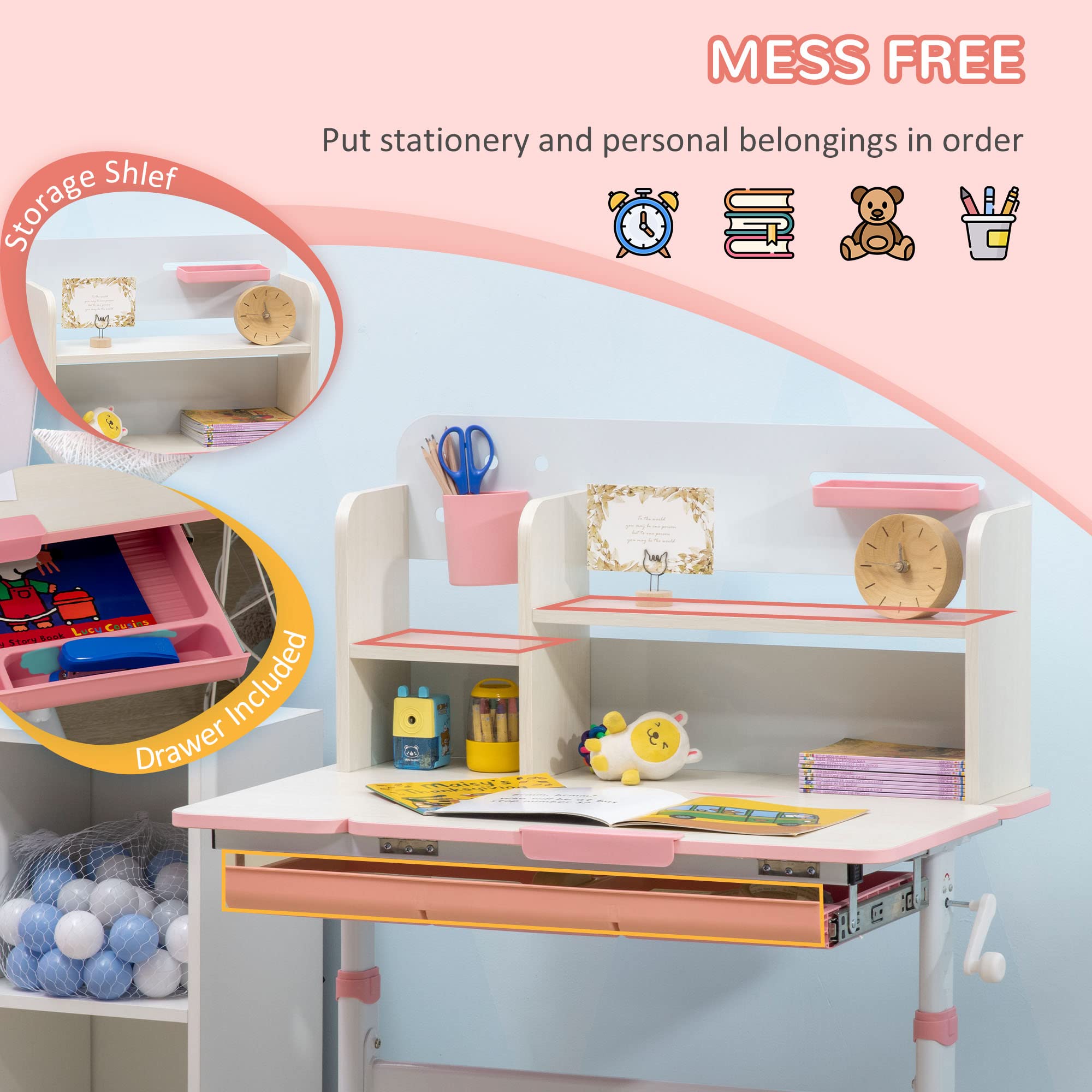 Qaba Adjustable Height Wooden Kids Study Desk - Children's School Writing Table with Tilt Desktop, Drawer, Storage Shelf & Pen Holder - Perfect for Homeschooling, Online Learning & Bedroom Study (Pink)