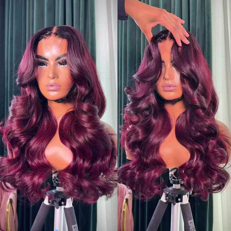 Eullair Ombre 1B Roots Dark Burgundy Body Wave Human Hair Wig with Curtain Bangs - Glueless Lace Frontal Wig for Women - Perfect for Daily Wear, Cosplay & Special Occasions