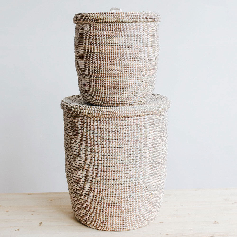 White Flat Lid Woven Storage Hamper Set - Foldable Laundry Basket for Bedroom, Bathroom & Closet Organization