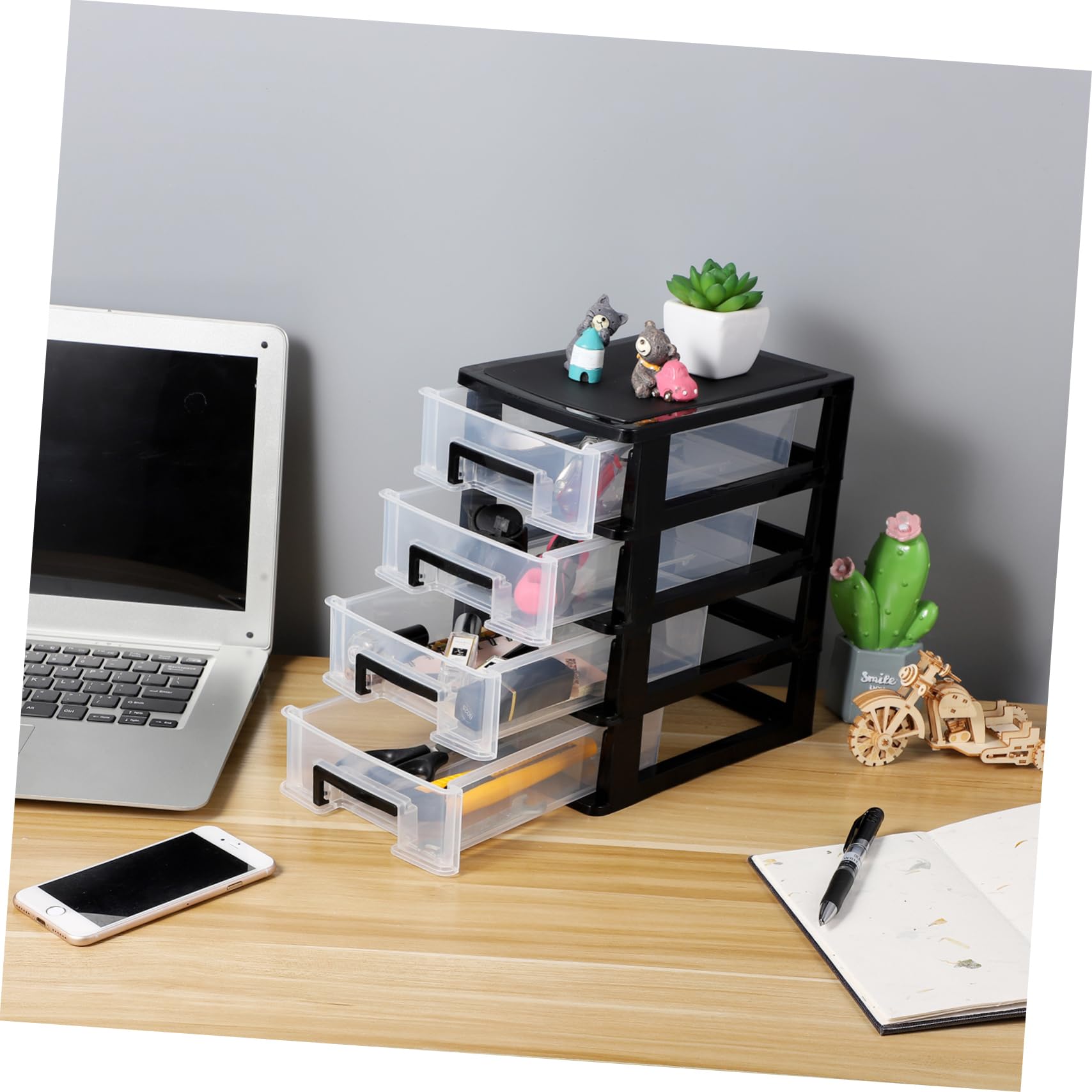 BESPORTBLE 4-Layer Stackable Plastic Storage Drawer Organizer - Black & Transparent Small Desktop Cabinet for Office Supplies, Makeup, Crafts | Compact Drawer Storage Solution for Home, Office & Dorm Organization