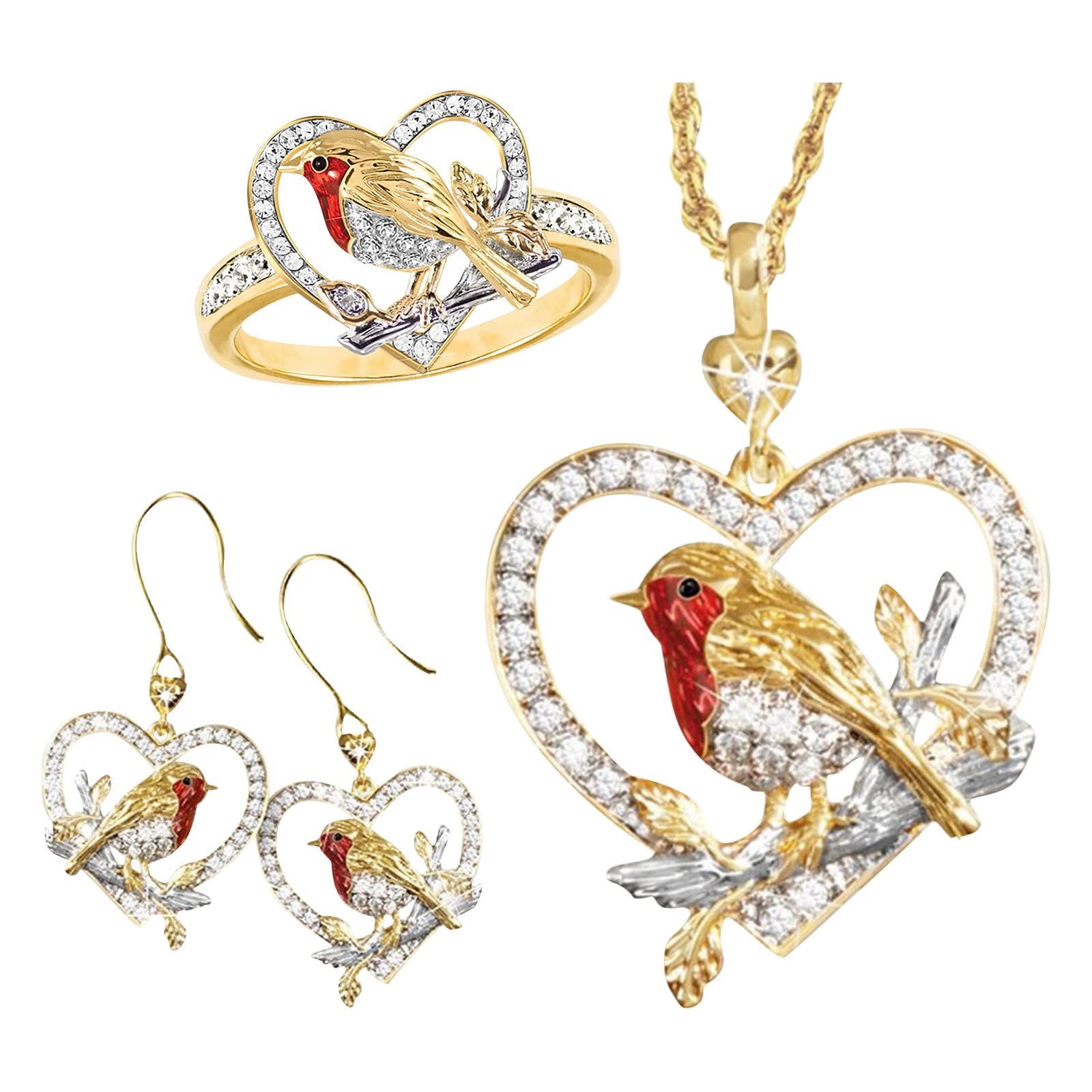 Hummingbird Diamond Jewelry Set for Women - Wedding Rings, Necklace & Earrings with Simulated Diamonds - Elegant Bridal Gift Set for Anniversary, Engagement, Valentine's Day