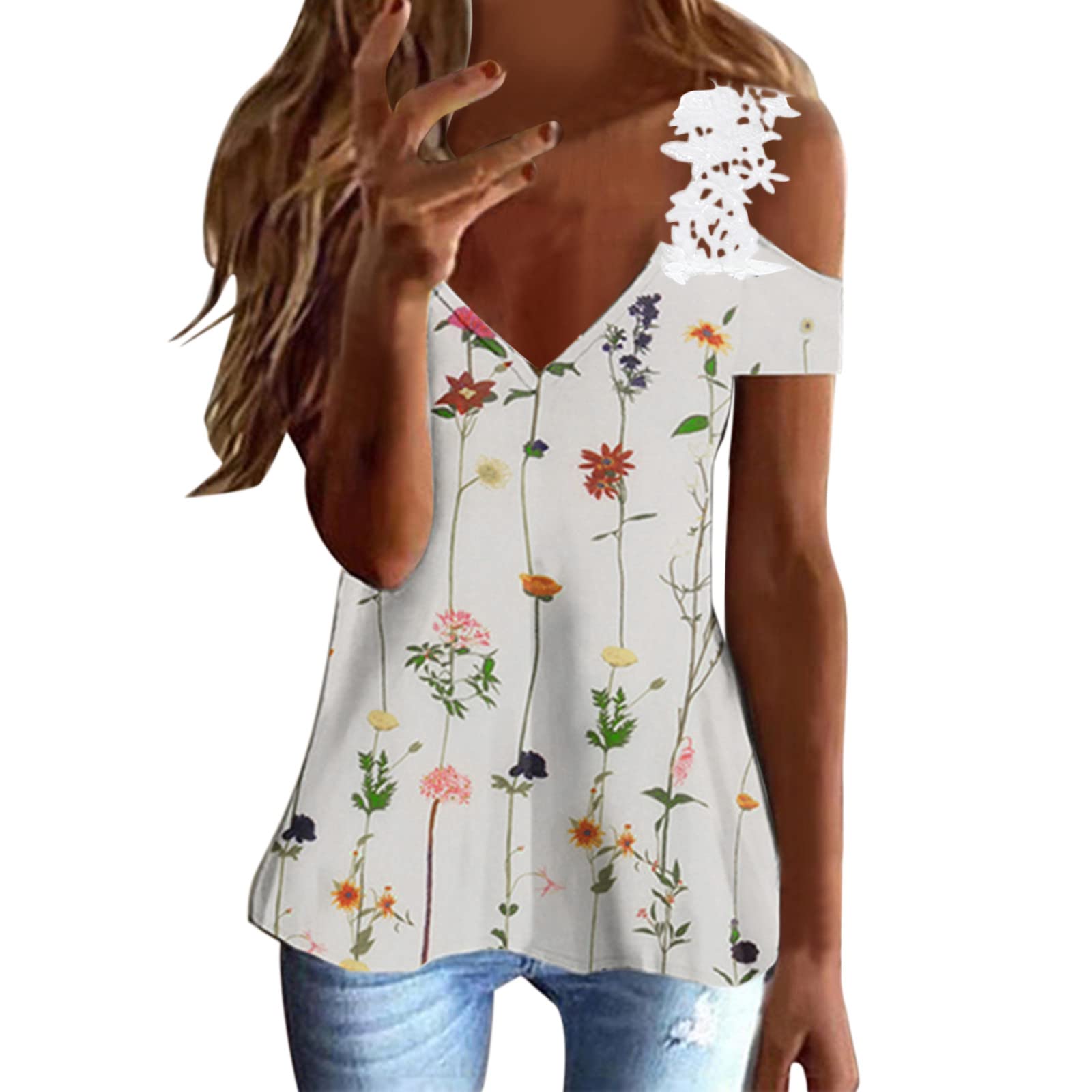 Sexy V-Neck Printed Lace Blouse for Women - Summer Tops with Off-Shoulder Design & Mock Neck - Perfect for Beach Outings, Date Nights & Casual Wear