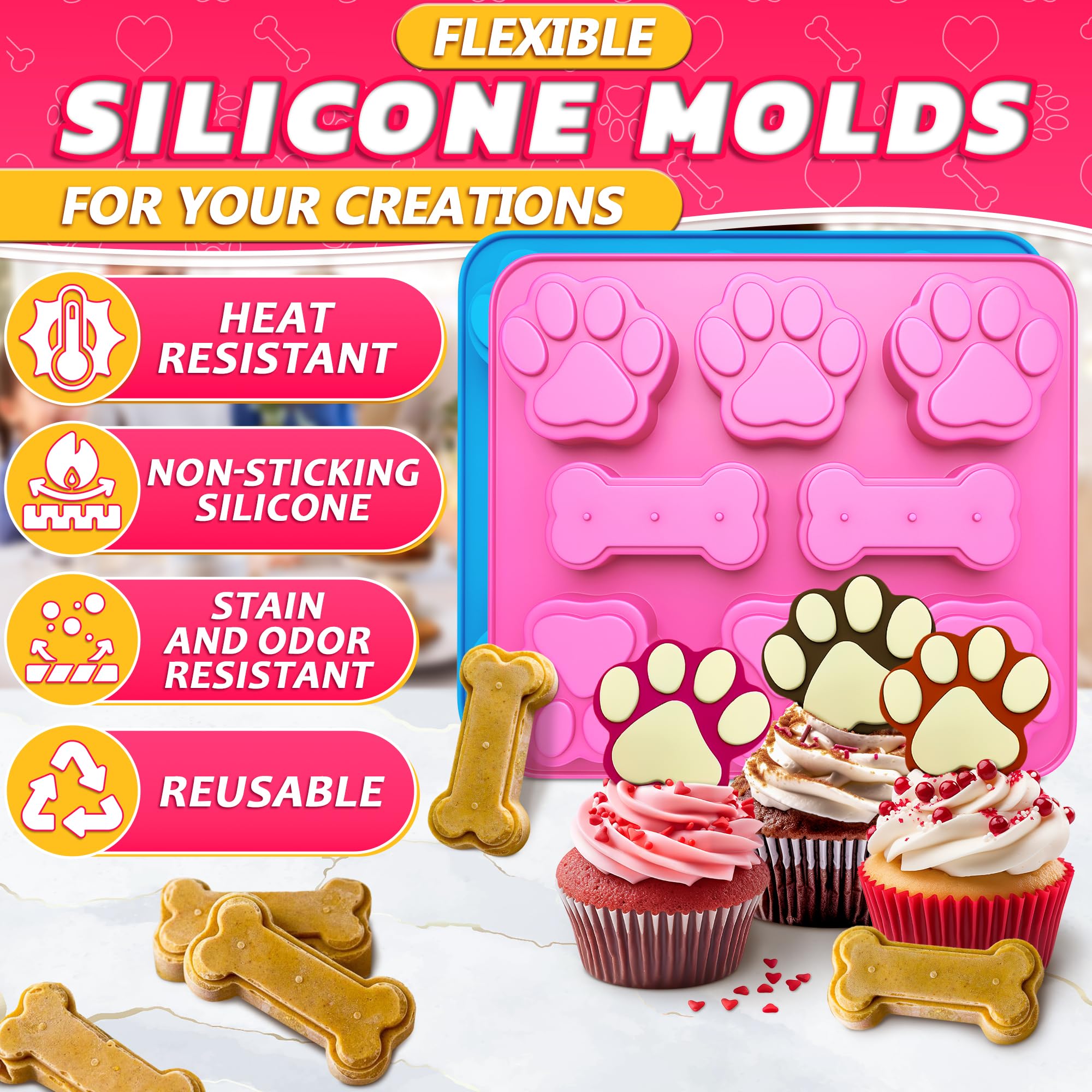 2 Pcs Silicone Dog Treat Molds for Baking, Freezing & Candy Making - Reusable Chocolate Molds for Homemade Dog Treats - Perfect for DIY Pet Snacks, Frozen Treats & Party Favors