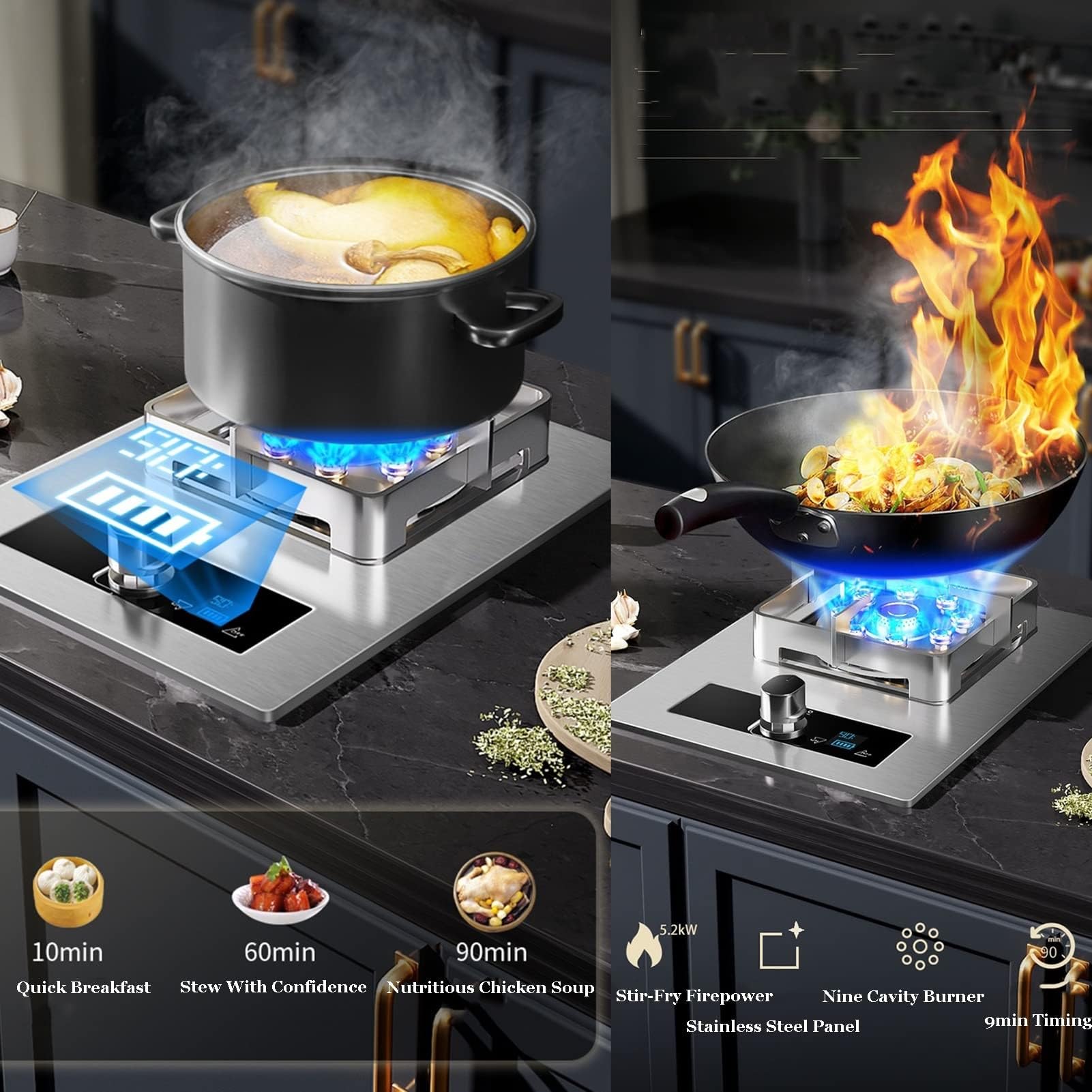 Portable Stainless Steel Gas Cooker with Timer - 9 Chamber LPG Kitchen Burner for Camping, Outdoor Cooking & Home Use