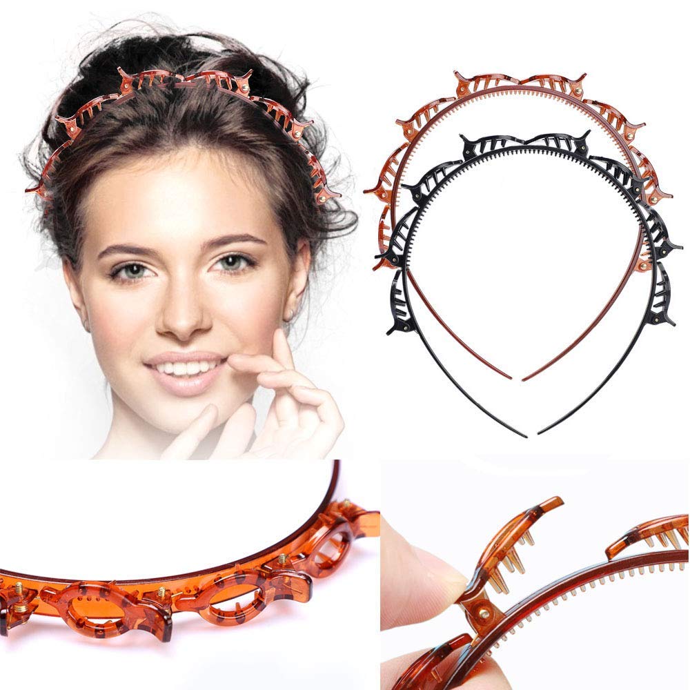 FAVELA Women's Hair Clips & Headbands Set - Alligator Barrettes for Thin or Thick Hair - Double Bangs Hairpins for Girls & Ladies - Black & Shell (2 Pack) - Perfect for Yoga, Makeup & Everyday Styling