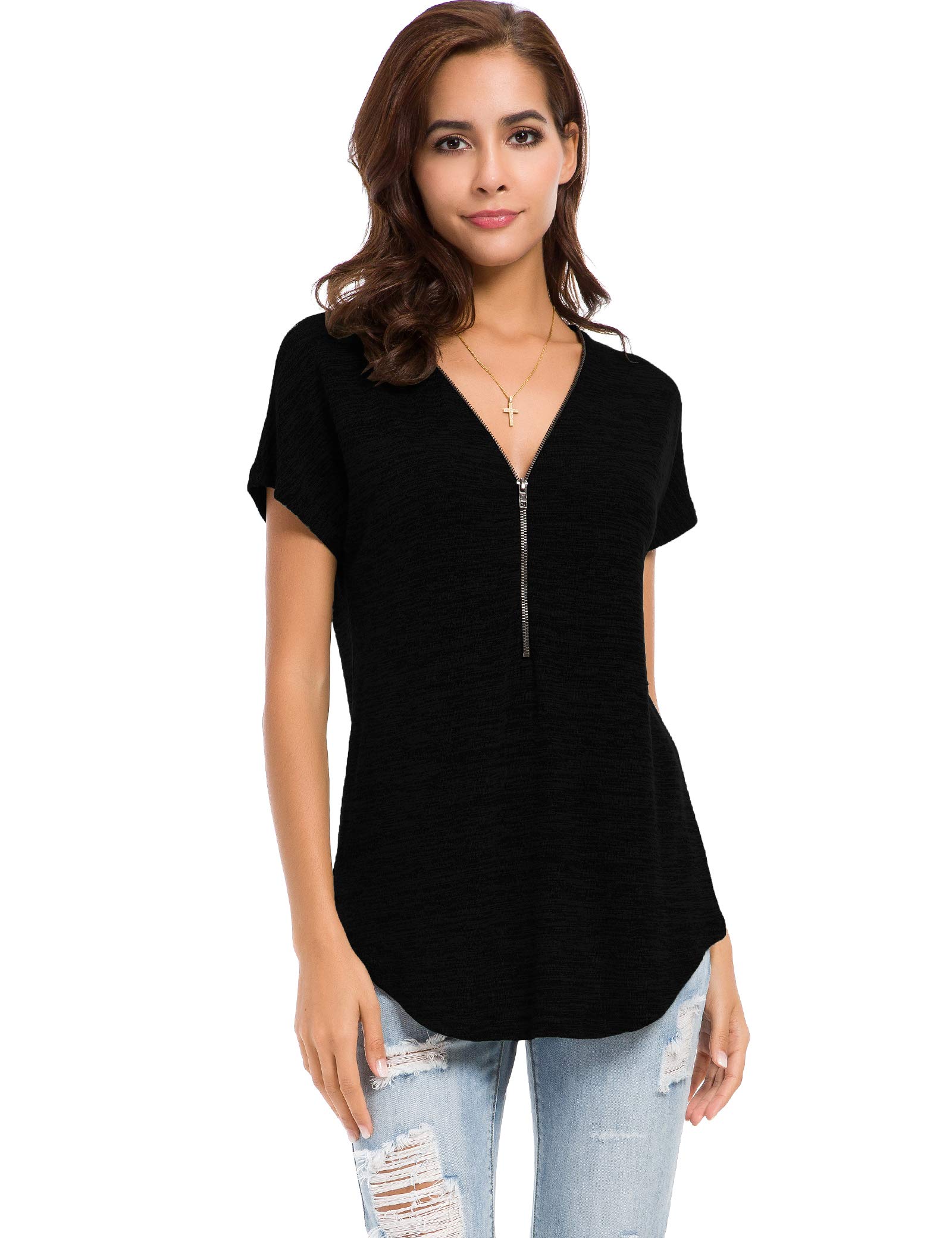 LUSMAY Women's Casual V-Neck Short Sleeve Tunic Top with Zipper Detail - Loose Fit Blouse for Summer, Work, Travel & Everyday Wear
