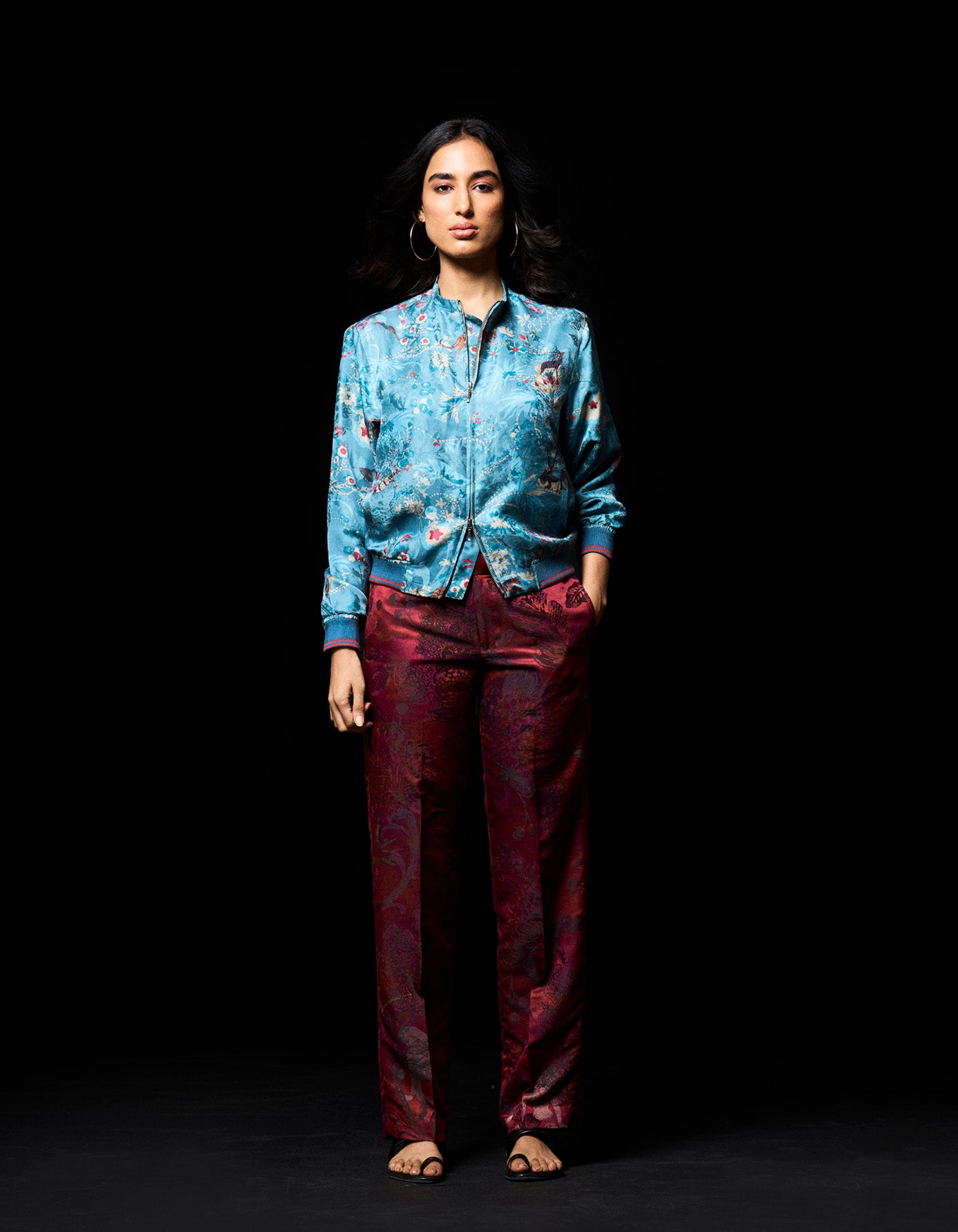 Janbaaz Men's Silk Bomber Jacket - Blue Damask Pattern | Lightweight & Stylish for Casual Wear, Night Out, and Street Fashion