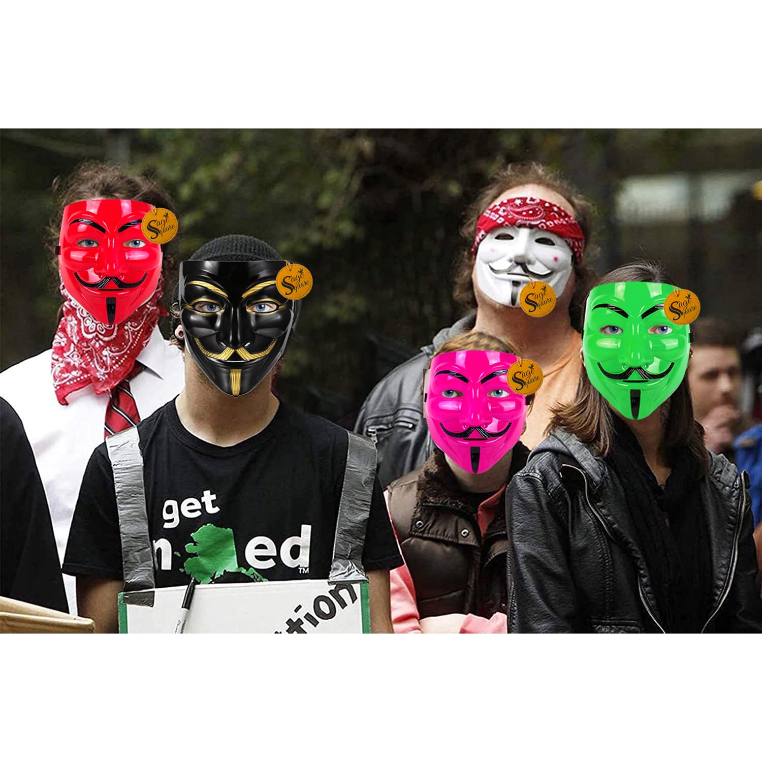 V for Vendetta Anonymous VIP Edition Face Mask Set of 5 - Sage Square, Black, White, Red, Green & Pink Fawkes Masks - Perfect Fit for Cosplay, Halloween, Protests & Movie-Themed Events