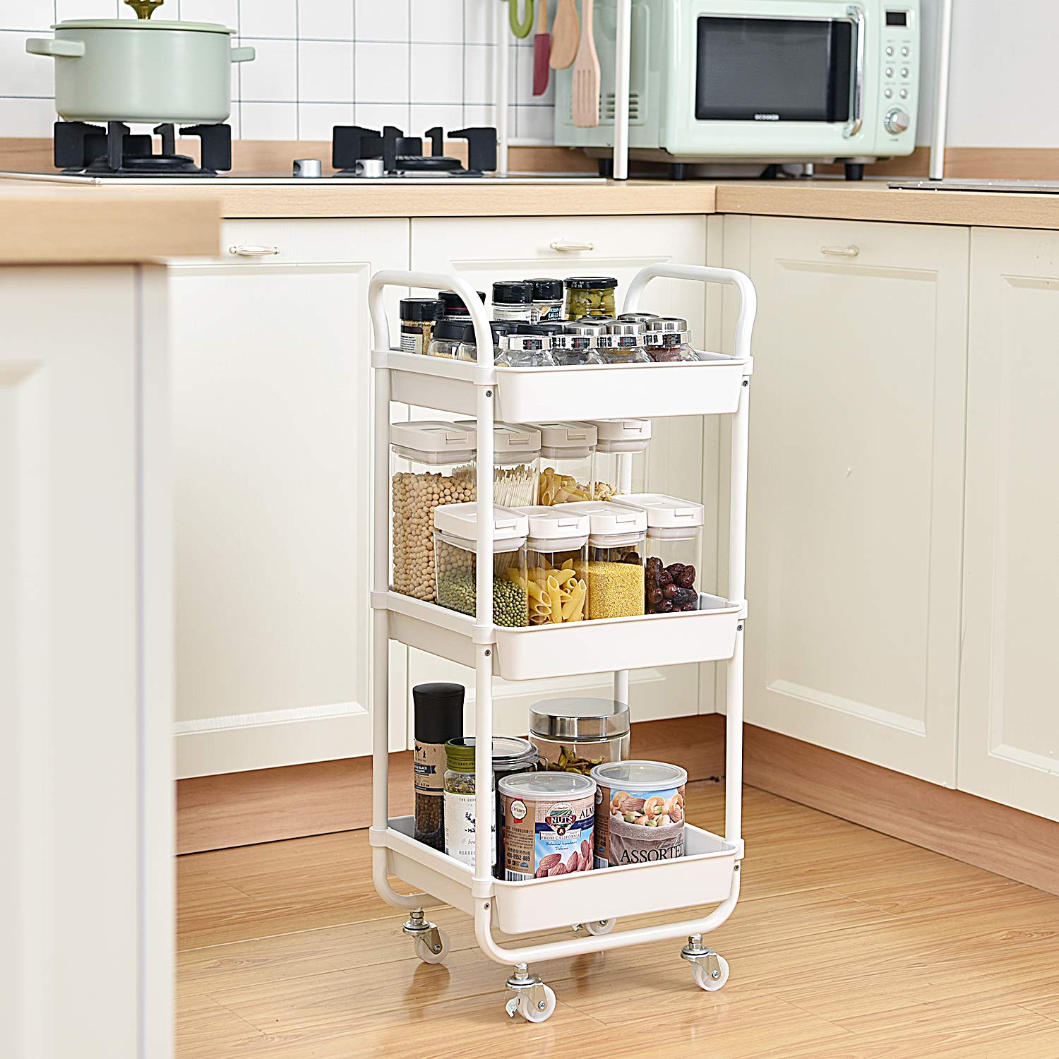 3-Tier Rolling Storage Cart with Wheels - Plastic Organizer Trolley for Kitchen, Bathroom & Living Room - Space-Saving Utility Cart for Home Organization, Groceries & Cleaning Supplies