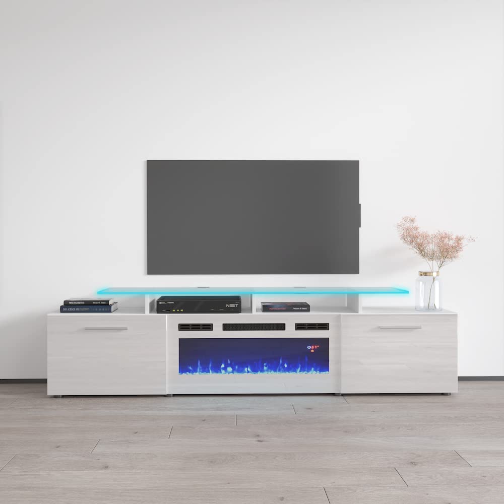 Modern High Gloss Fireplace TV Stand with Storage Cabinets & 16-Color LED Lights - Rova WH-EF Entertainment Center Console Table (White/Black) - Perfect for Living Room, Bedroom & Home Theater Setup