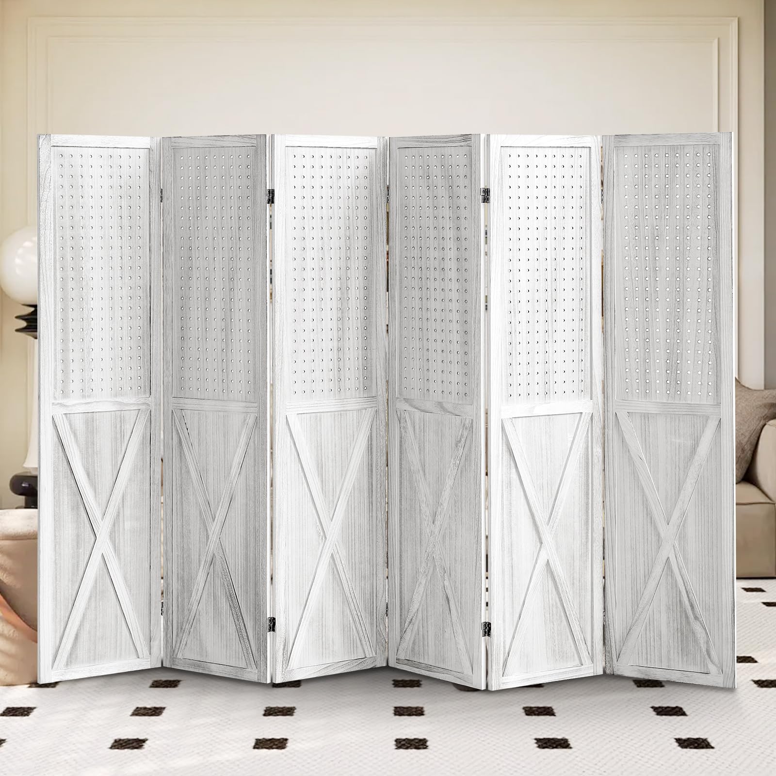 6 Panel Pegboard Room Divider & Folding Privacy Screen - 5.6Ft Tall Portable Display Stand Organizer for Home, Office, and Retail Spaces (White) - Perfect for Room Separation, Craft Shows, and Trade Displays