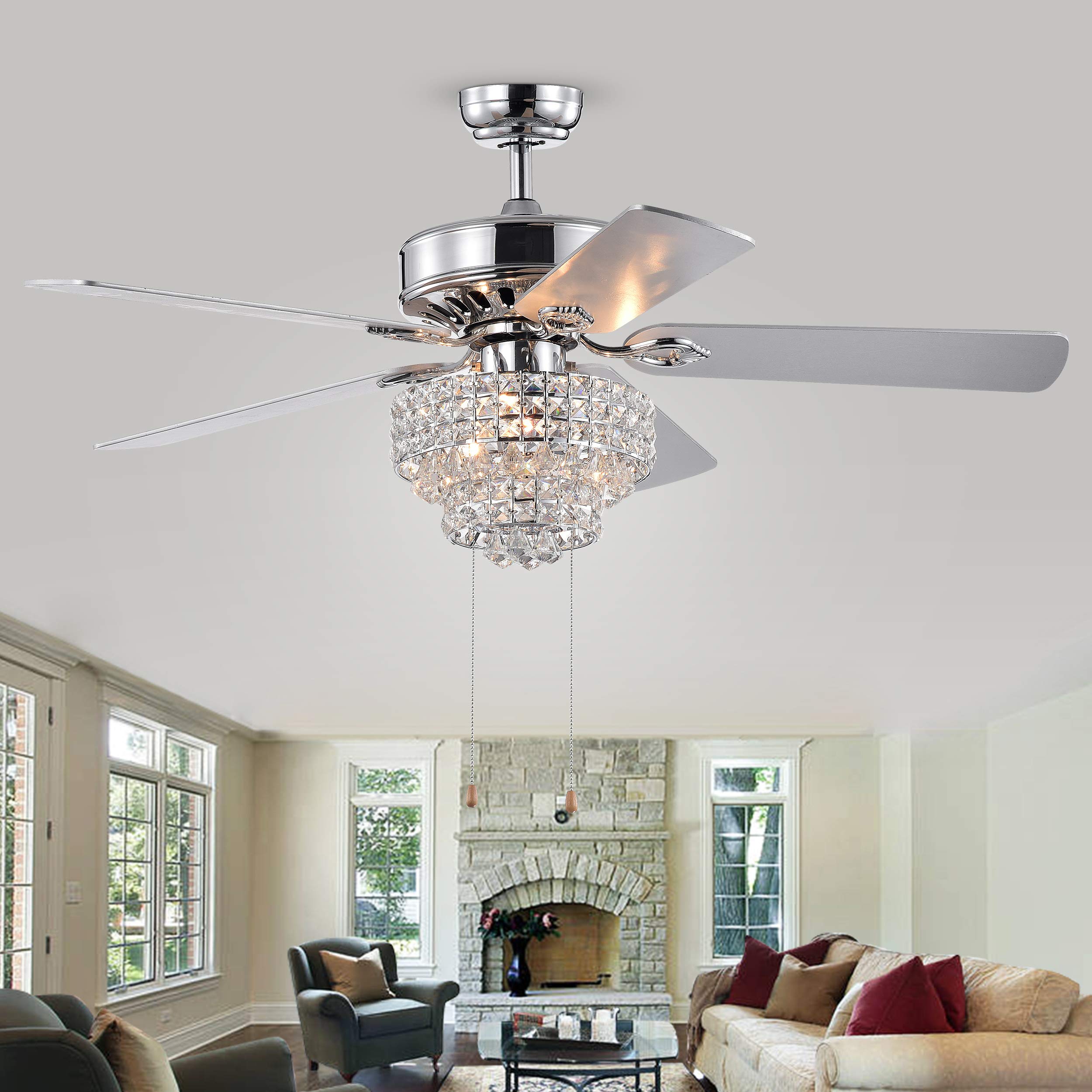 Tiffany Bryanya 52-Inch 5-Blade Chrome Ceiling Fan with Crystal Shade & LED Lights - Remote Control Included - Perfect for Living Room, Bedroom, and Dining Room