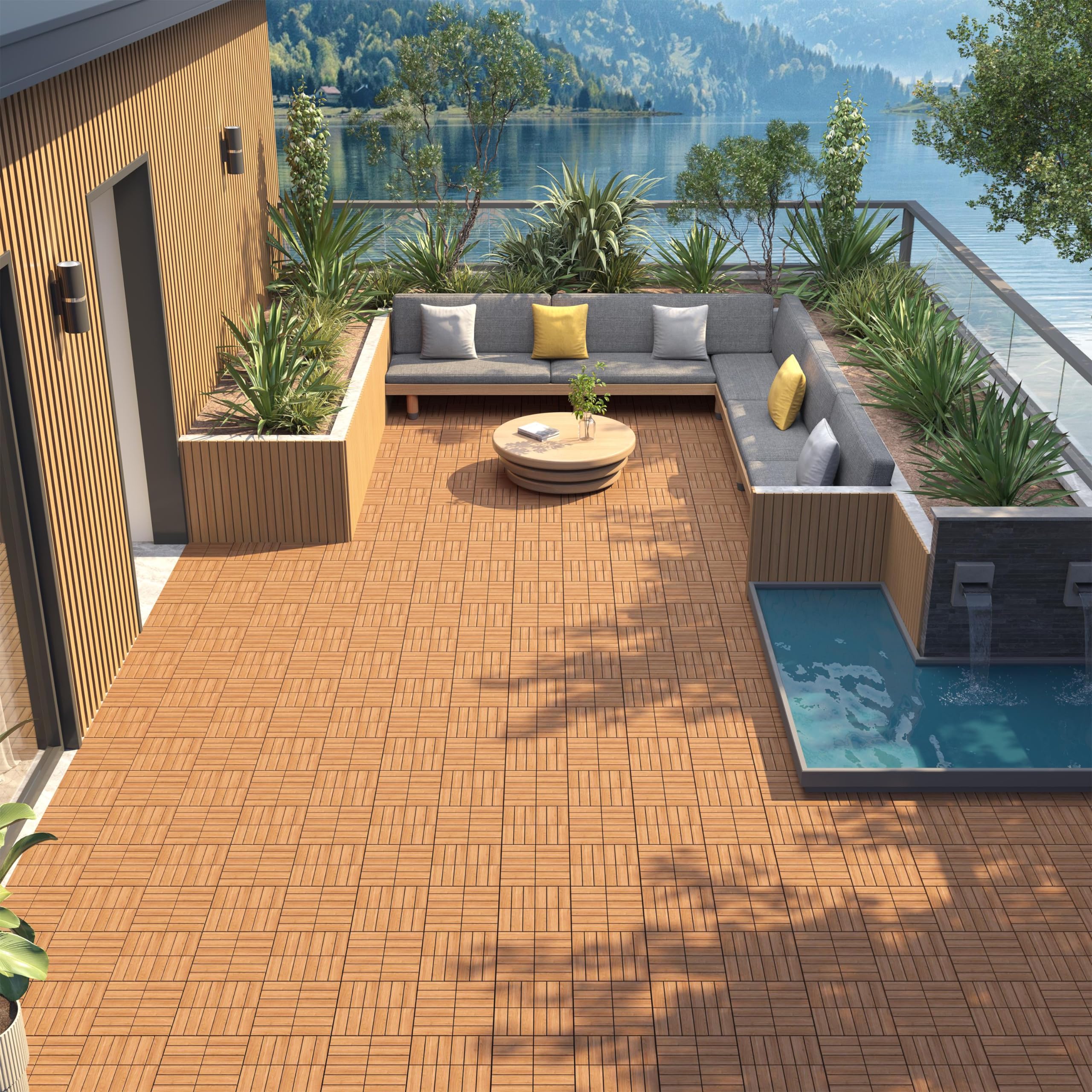 Yaheetech 27pcs Acacia Wood Interlocking Deck Tiles - Non-Slip Waterproof Flooring for Indoor & Outdoor Use - Weather-Resistant Patio Backyard Decor - Perfect for Balcony, Garden, Poolside & Decking Projects