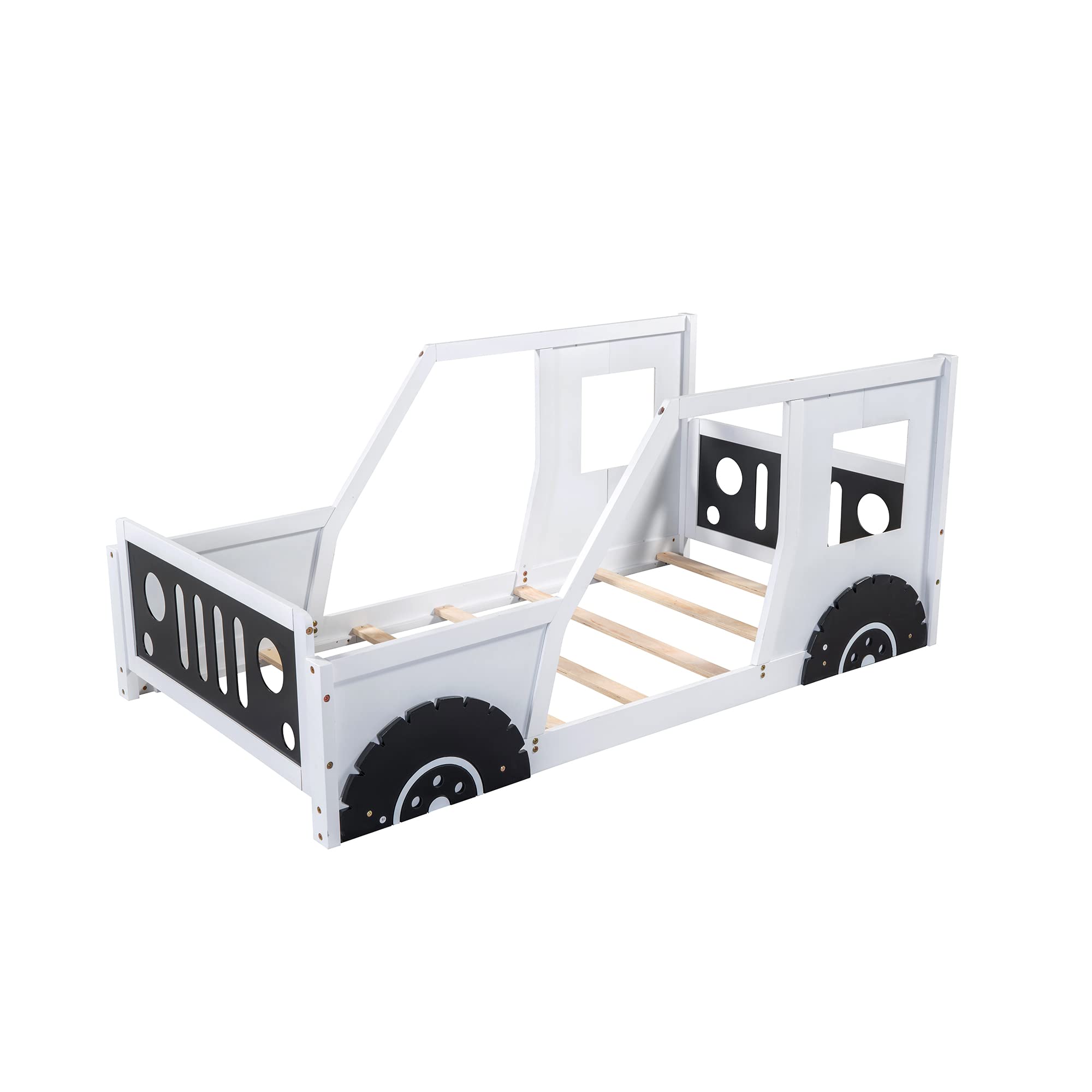 Twin Size Kids Car-Shaped Bed with Wheels - Wooden Montessori Floor Bed for Boys & Girls - Lightning McQueen Themed (White & Black) - Perfect for Toddler Rooms, Playrooms & Montessori Classrooms