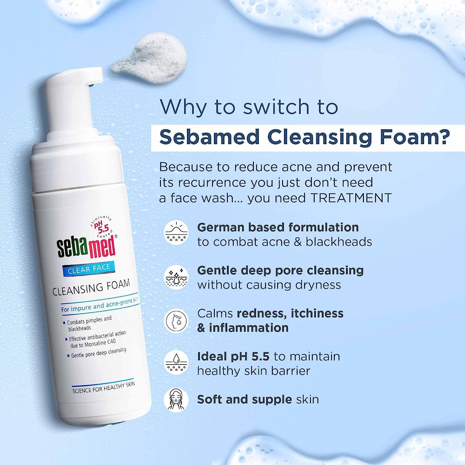 Minton Clear Face Foam 50ml | pH 5.5 Gentle Cleanser for Acne, Pimples & Blackheads | Montaline C40 Formula | Oil-Free Deep Pore Cleansing | Perfect for Daily Skincare Routine & Sensitive Skin