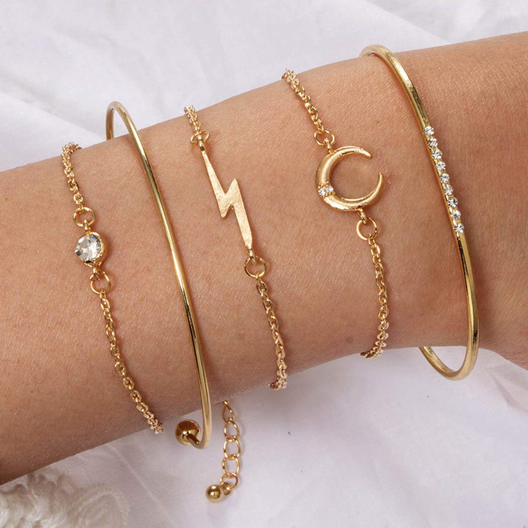 Boho Layered Moon Bracelet for Women - Geometric Crystal Bangle with Lightning Design - Perfect for Beach, Festival, and Everyday Wear