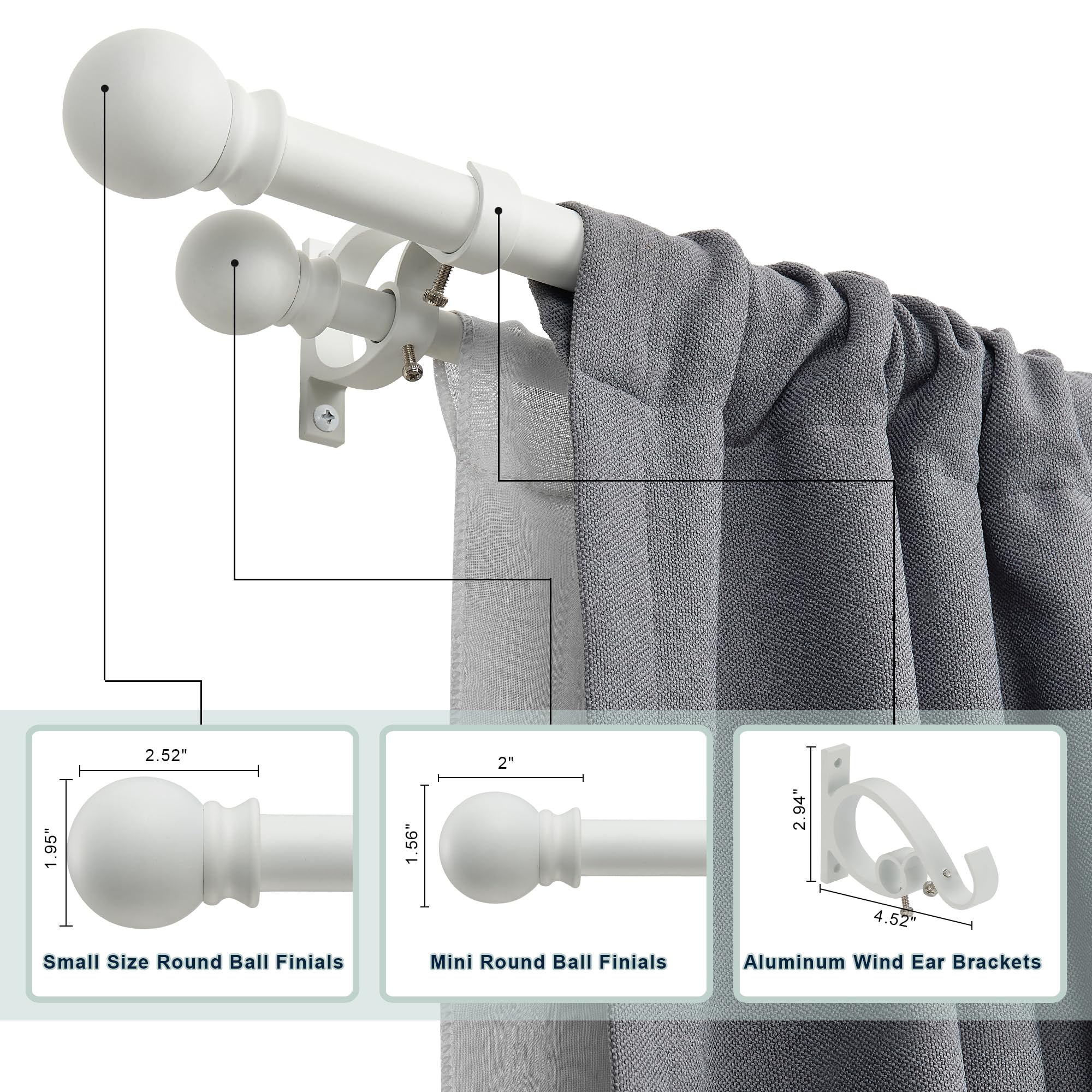 Matte White Double Curtain Rods 36-72 Inch Adjustable - 1’’ Front & 5/8’’ Back Drapery Rod with Small Round Ball Finials & Aluminum Brackets - Dual Window Rod for Sheer & Blackout Curtains - Perfect for Living Room, Bedroom & Home Decor