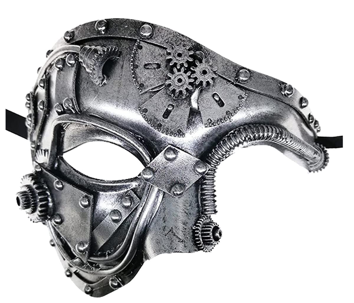 Steampunk Metal Cyborg Venetian Mask for Men - Gothic Phantom of The Opera Style Masquerade Mask - Perfect for Mardi Gras, Halloween, Cosplay & Themed Parties