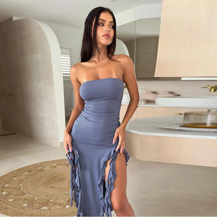 Blue Ruffle Strapless Dress for Women - Sexy Split Slim Fringe Summer Dress, Elegant Sleeveless Backless Club Party Outfit | Perfect for Vacation, Beach, Night Out & Special Occasions