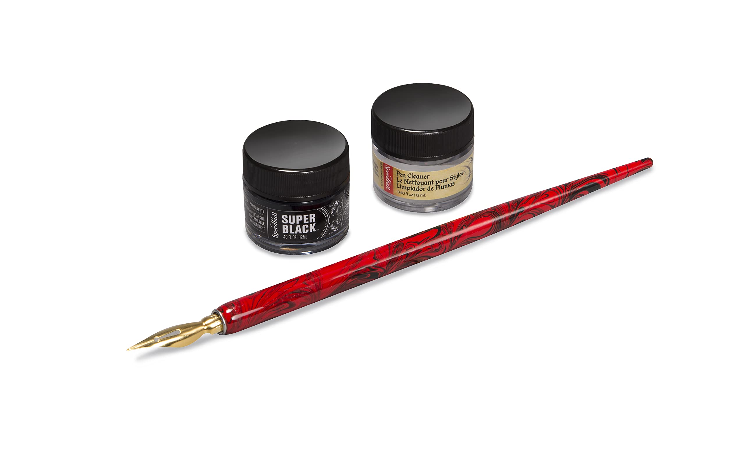 Speedball Signature Series Super Black India Ink & Pen Set - Includes Red Marbled Pen Holder, Gold-Plated No. 513EF Pen Nib, 0.4 fl oz Ink & Cleaner | Perfect for Calligraphy, Drawing & Art Projects