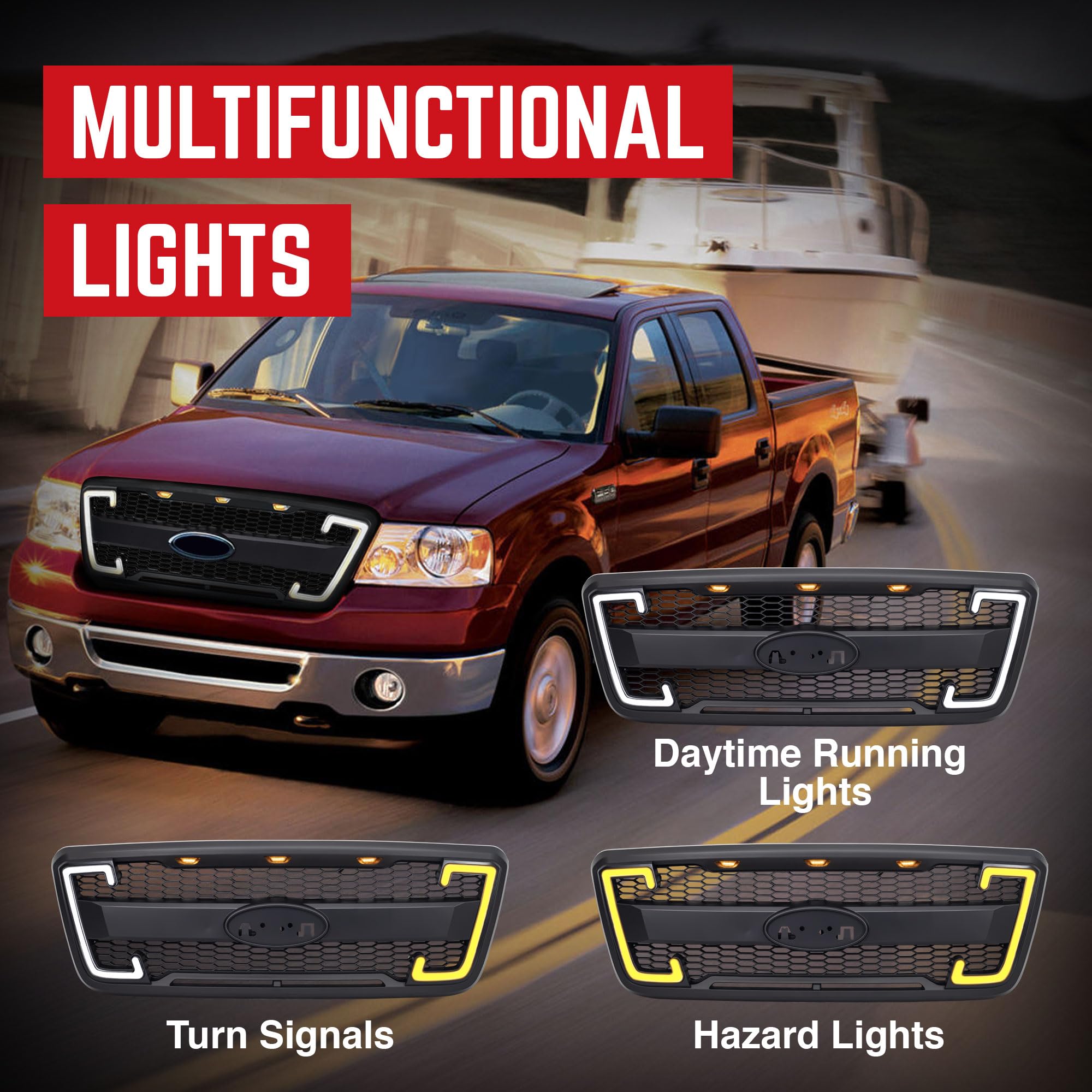 Raptor Style Mesh Grille with DRL & Turn Signals for 2004-2008 Ford F150 | Matte Black | Off-Road Upgrade | Enhanced Style & Visibility for Trucks