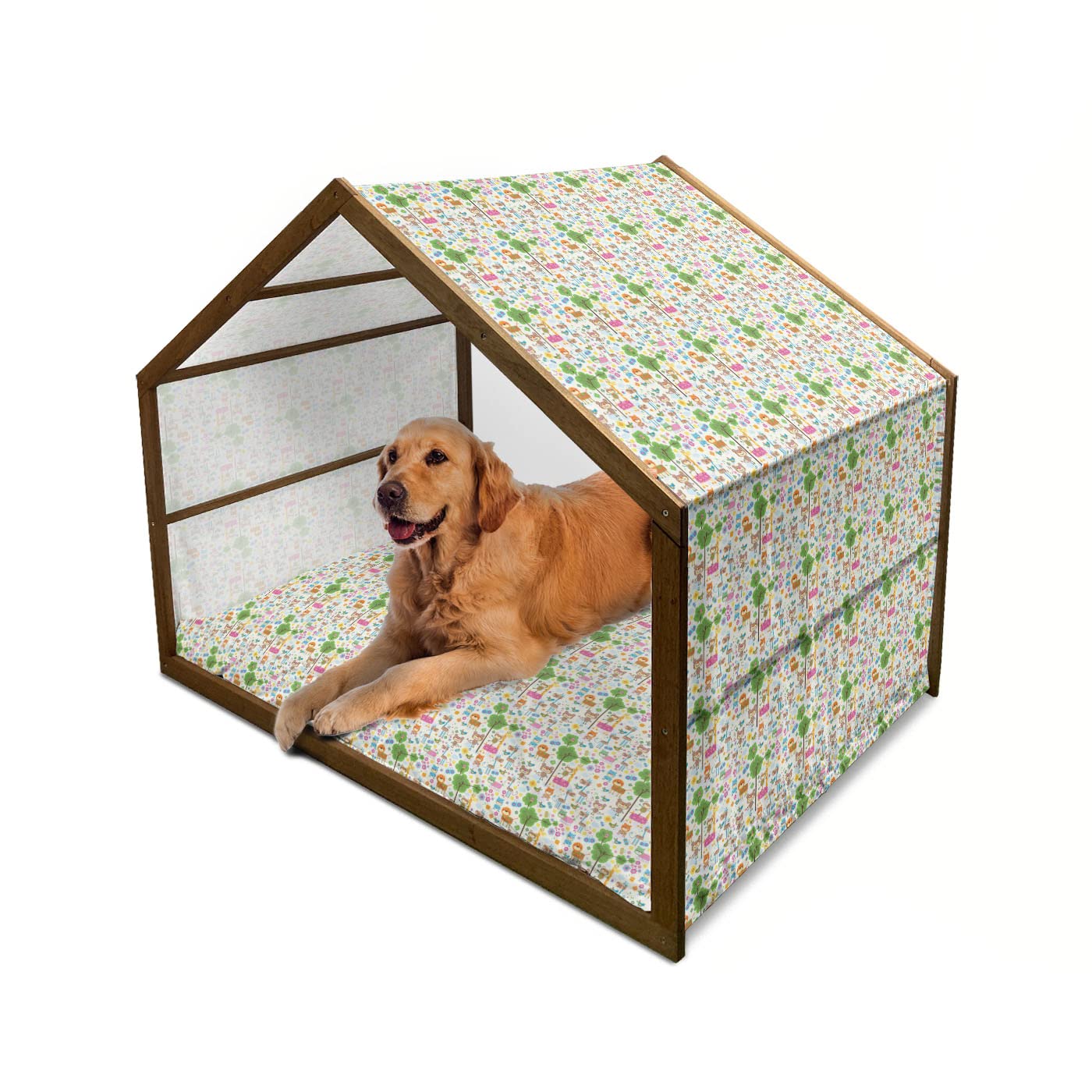 Ambesonne Wooden Dog House with Jungle Animal Print - Portable Indoor & Outdoor Dog Kennel for Large Dogs, Includes Pillow & Cover - X-Large Size, Multicolor Giraffe, Monkey & Butterfly Design - Perfect for Backyard, Patio or Travel Use
